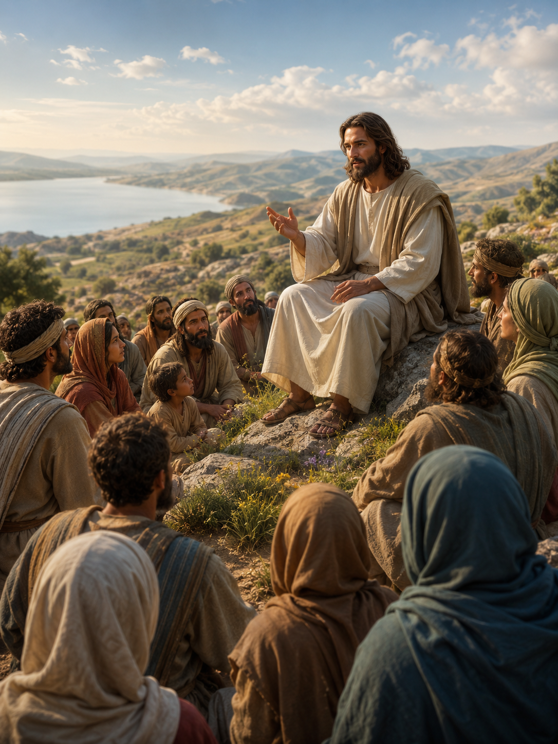 Jesus sits on a hillside teaching a gathered group of people, with a lake and mountains in the background.