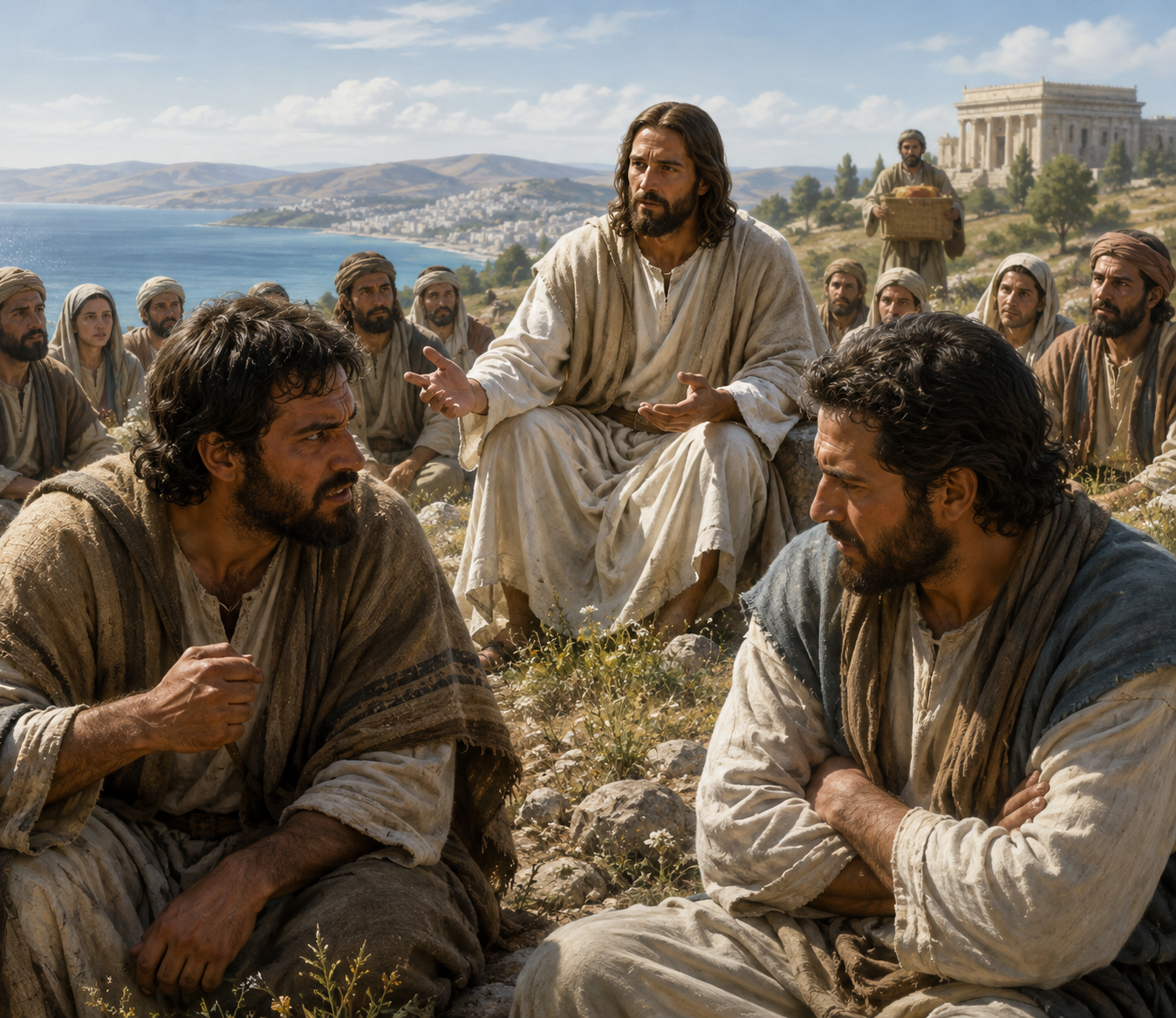 Jesus teaches on a hillside while two men in the foreground are in conflict with one another and the others listen.