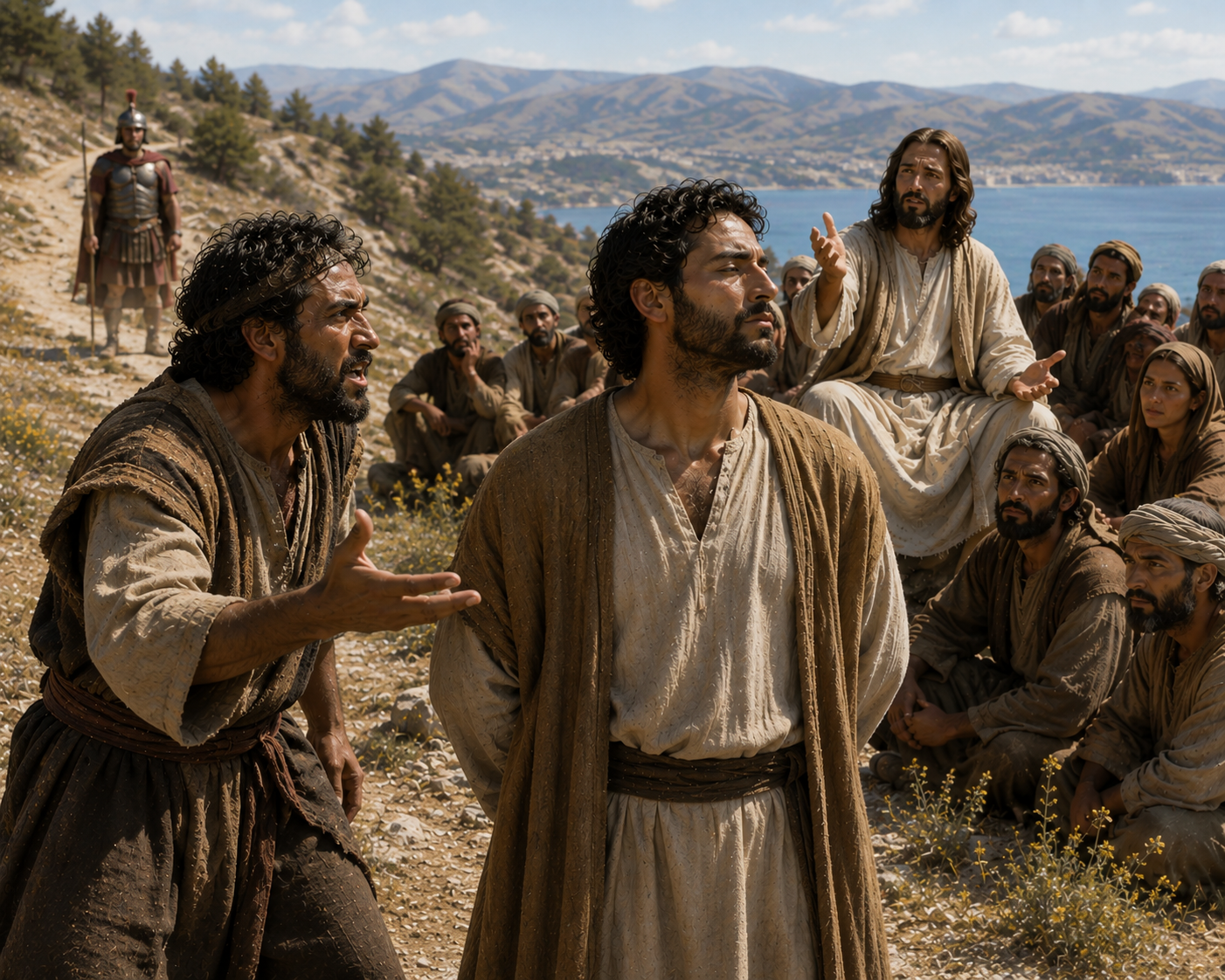 Jesus undervisar medan en arg och frustrerad man konfronterar en annan man som lugnt vänder den andra kinden till. Lärjungar sitter runt omkring på en bergssluttning vid en sjö.