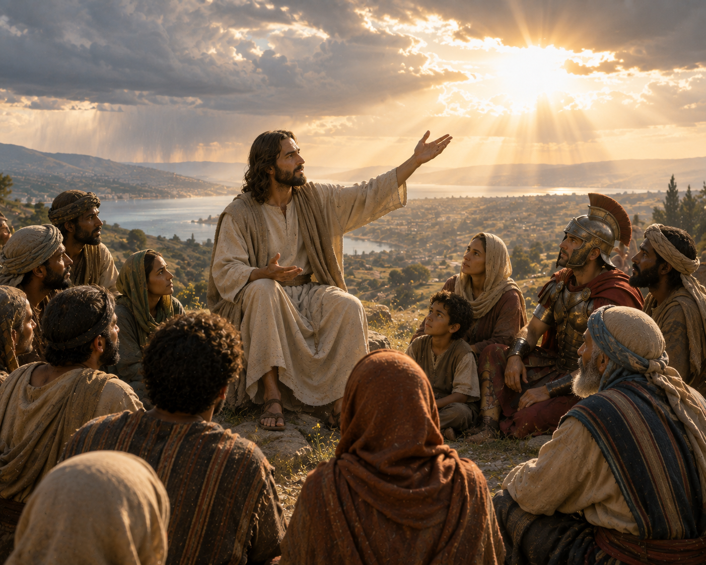 Jesus teaches a diverse group of people on a hillside and gestures toward the sky and sunlight as an image of God's goodness toward both the evil and the good.