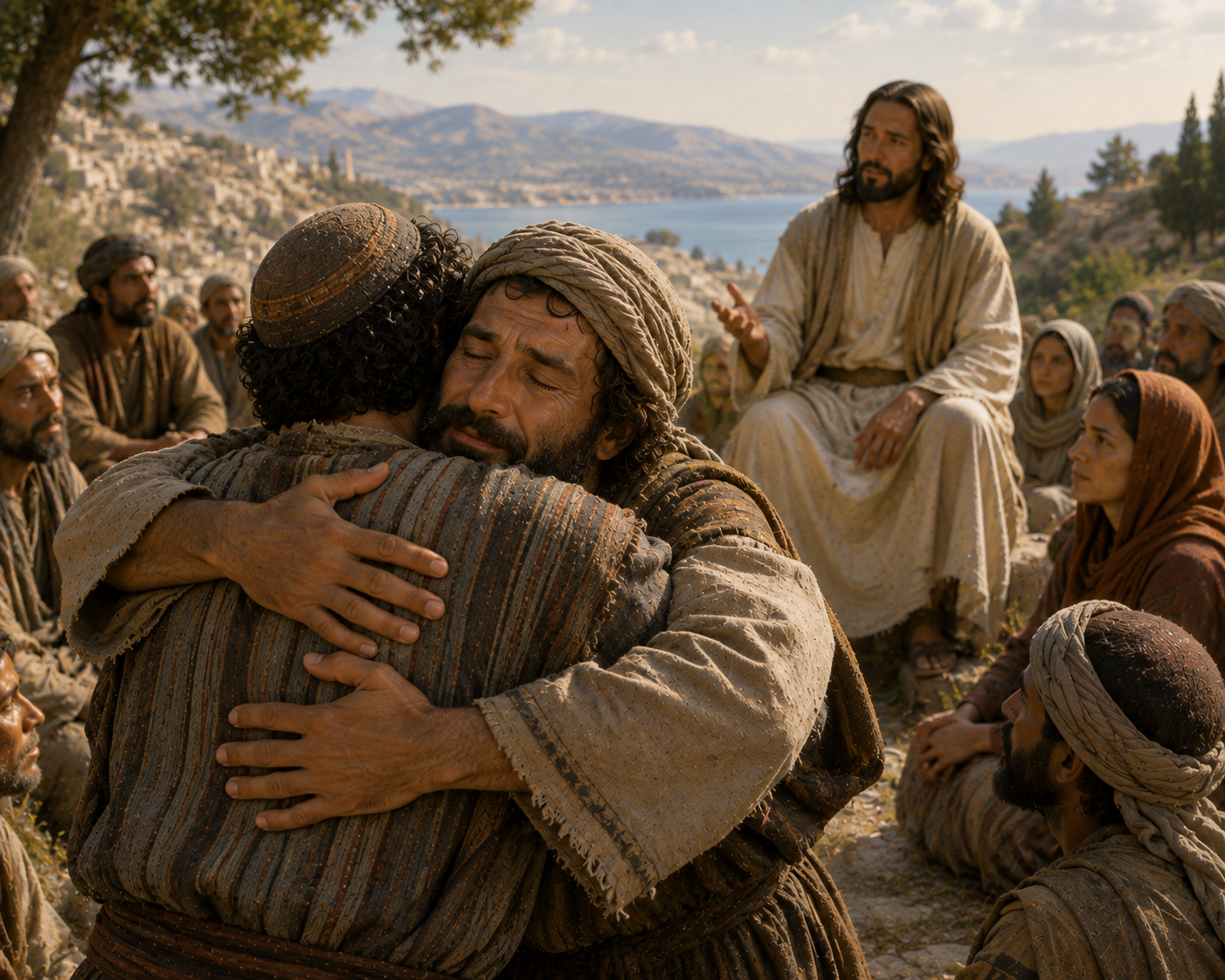 Jesus teaches about forgiveness while two people nearby face the possibility of reconciliation.