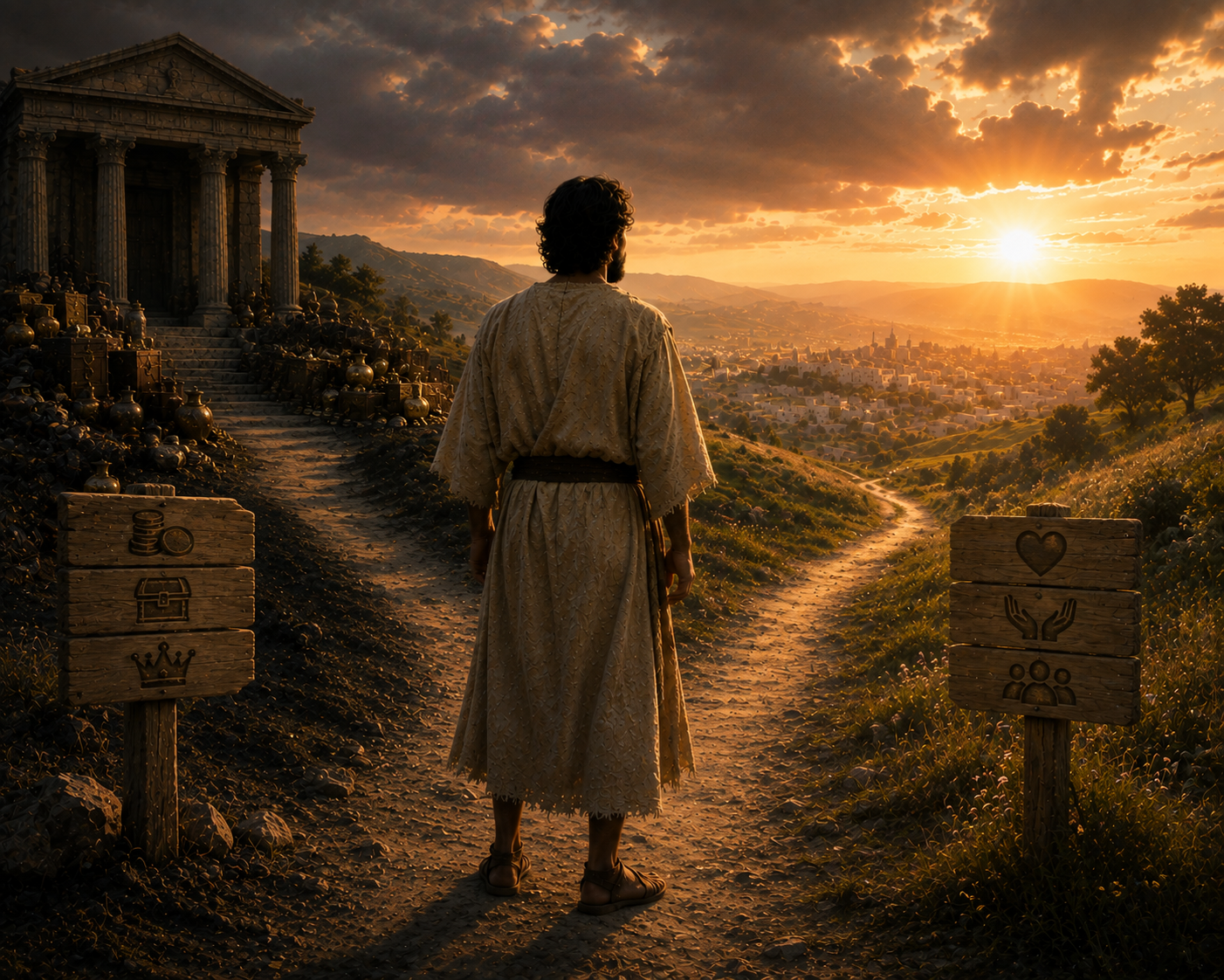 Jesus undervisar om Gud och mammon medan människor omkring honom lyssnar och materiell rikedom antyds i scenen utan att dominera bilden.