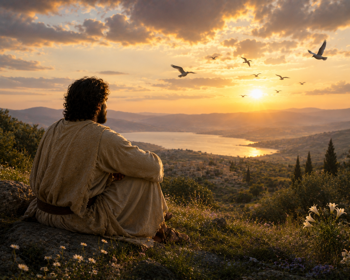 Jesus undervisar utomhus om oro och förtröstan, med himlens fåglar och markens blommor synliga i landskapet.