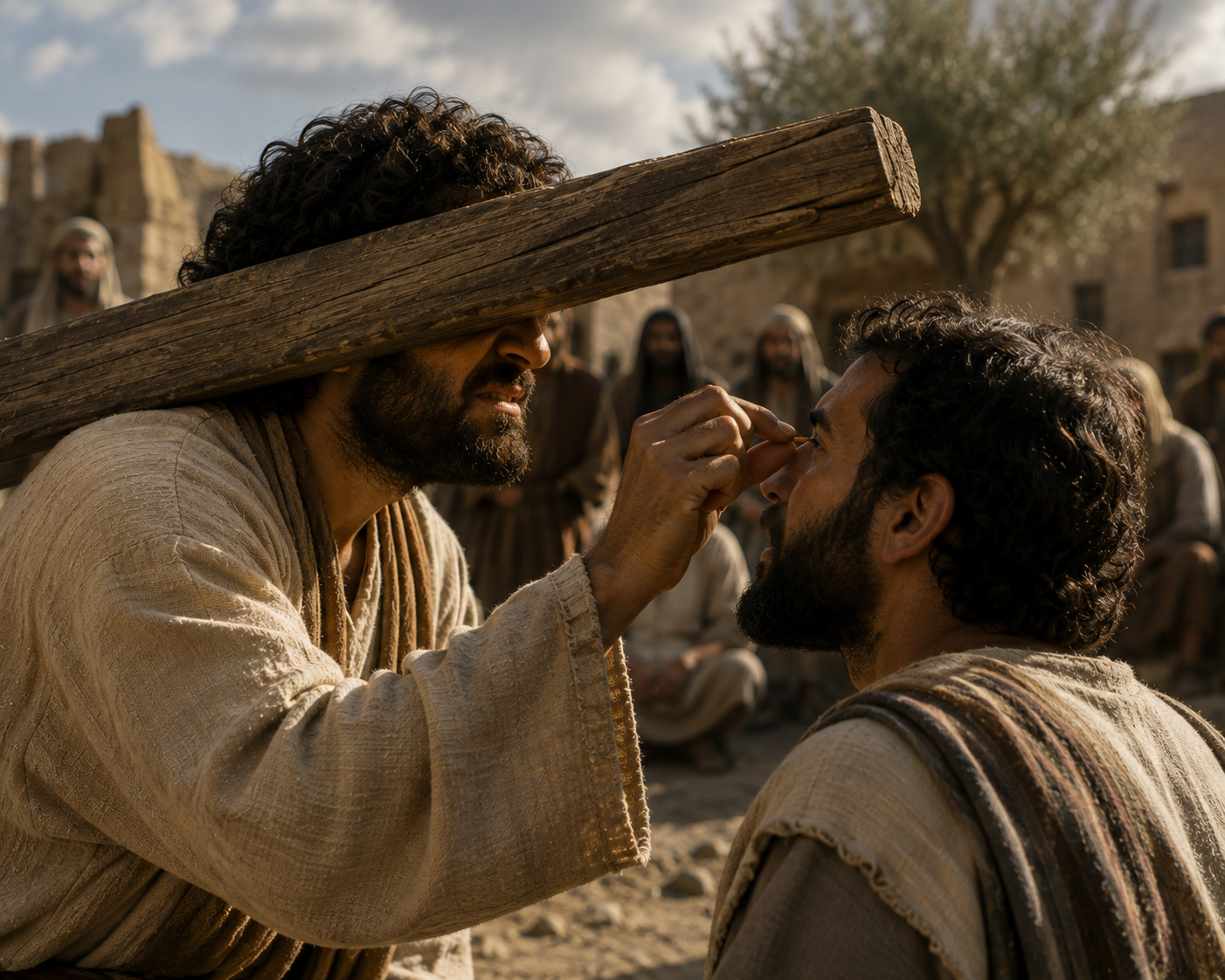Jesus undervisar om flisan och bjälken medan en person granskar en annan utan att först se sitt eget mycket större problem.