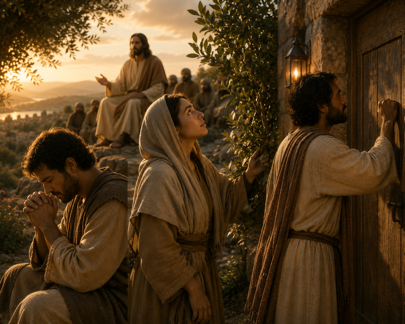 Jesus teaches about prayer and God's goodness while people listen in a biblical setting.