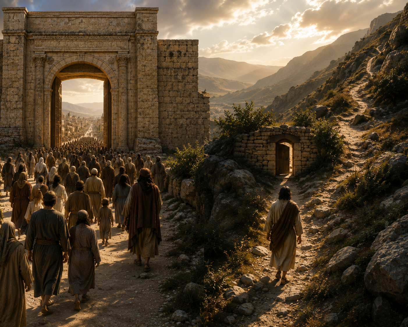 A broad road crowded with people is contrasted with a narrow gate and a constricted, demanding path through a biblical landscape.
