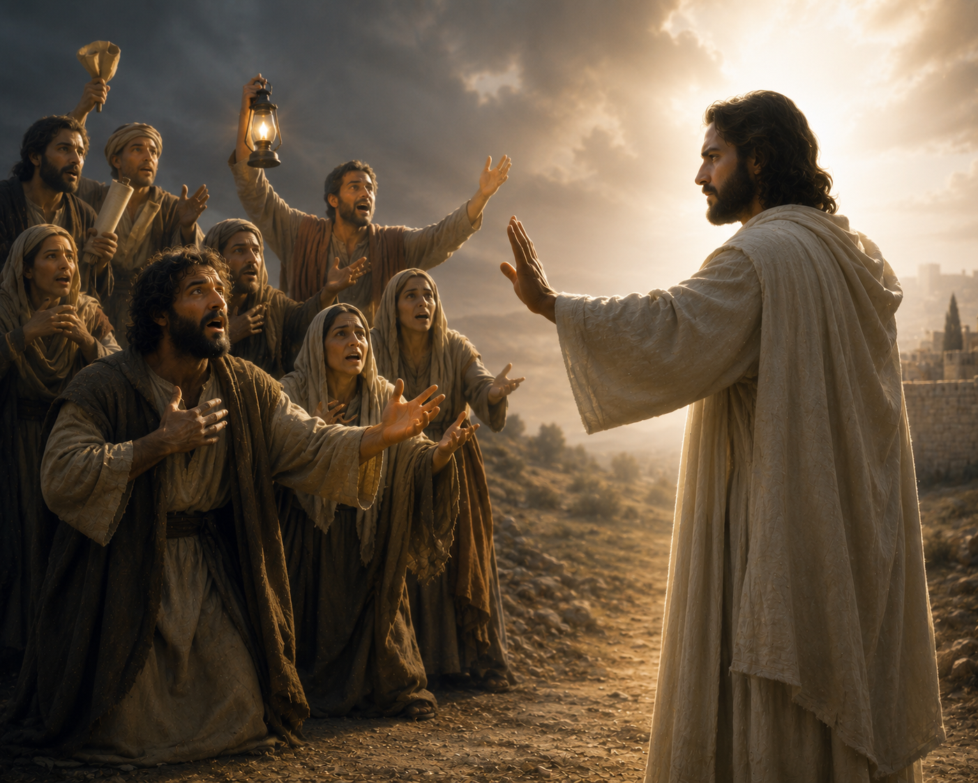 Jesus stands before people appealing to him while the scene conveys the contrast between religious claims and genuine discipleship.