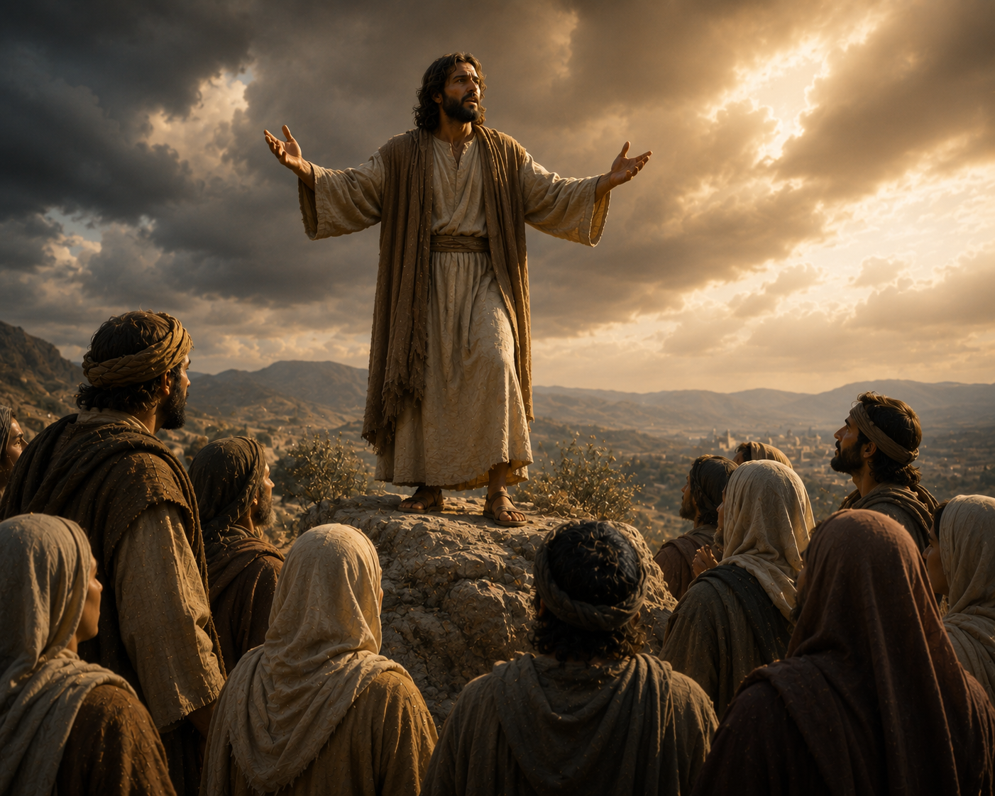 Jesus teaches while a family in the background stands divided on opposing sides, symbolizing the conflict discipleship can cause.