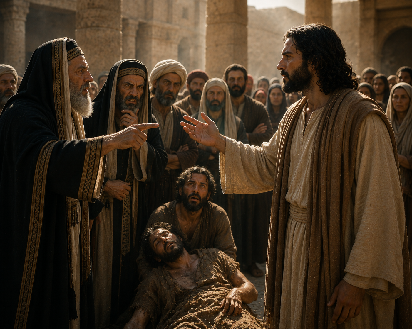 Jesus stands after an act of deliverance and healing while the restored man and astonished people are near him and several religious opponents react skeptically in the background.