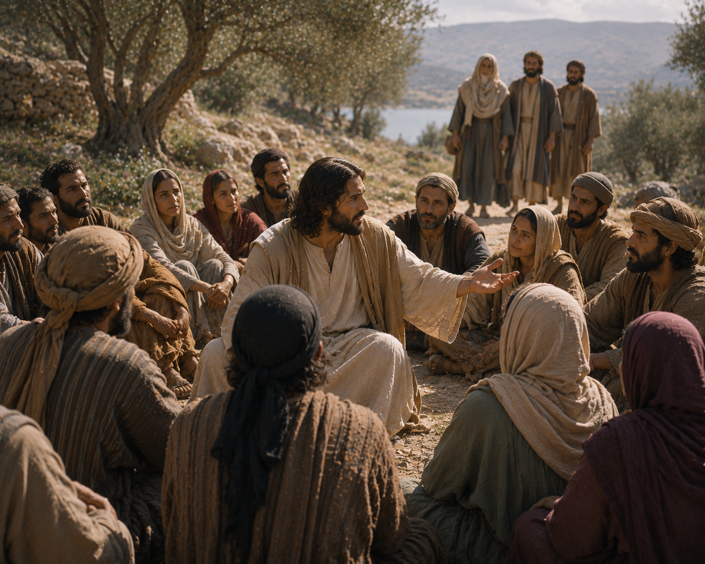 Jesus sits surrounded by women and men listening to him while his family waits outside the gathering in a biblical setting.