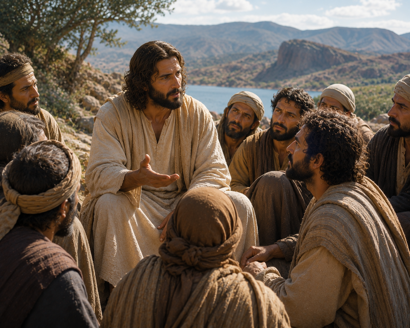 Jesus samtalar med sina lärjungar i ett bergigt landskap medan Petrus svarar honom inför gruppen.