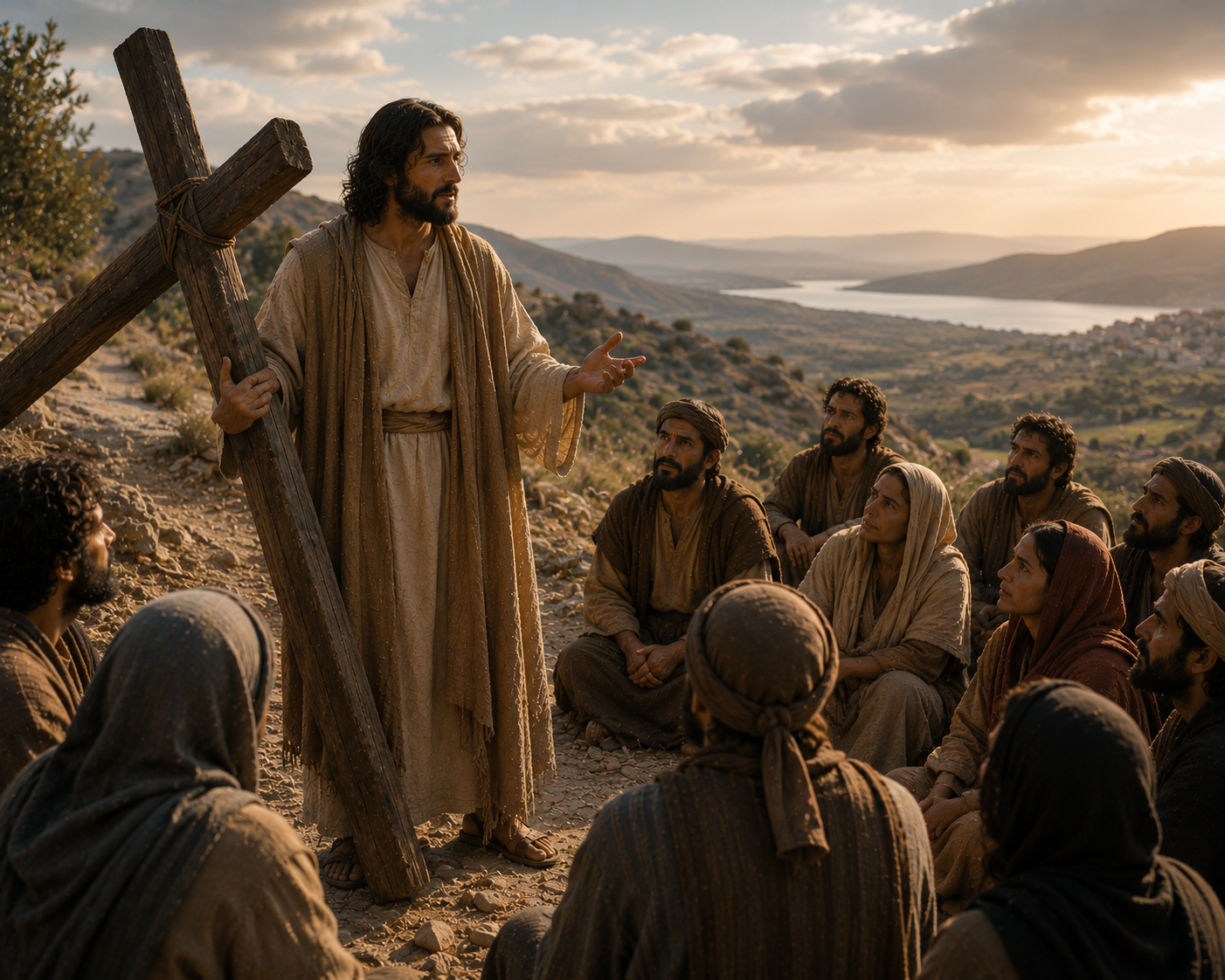 Jesus undervisar en folkskara och sina lärjungar om kostnaden i att följa honom, med en tung träbjälke som visuellt antyder korsets allvar.