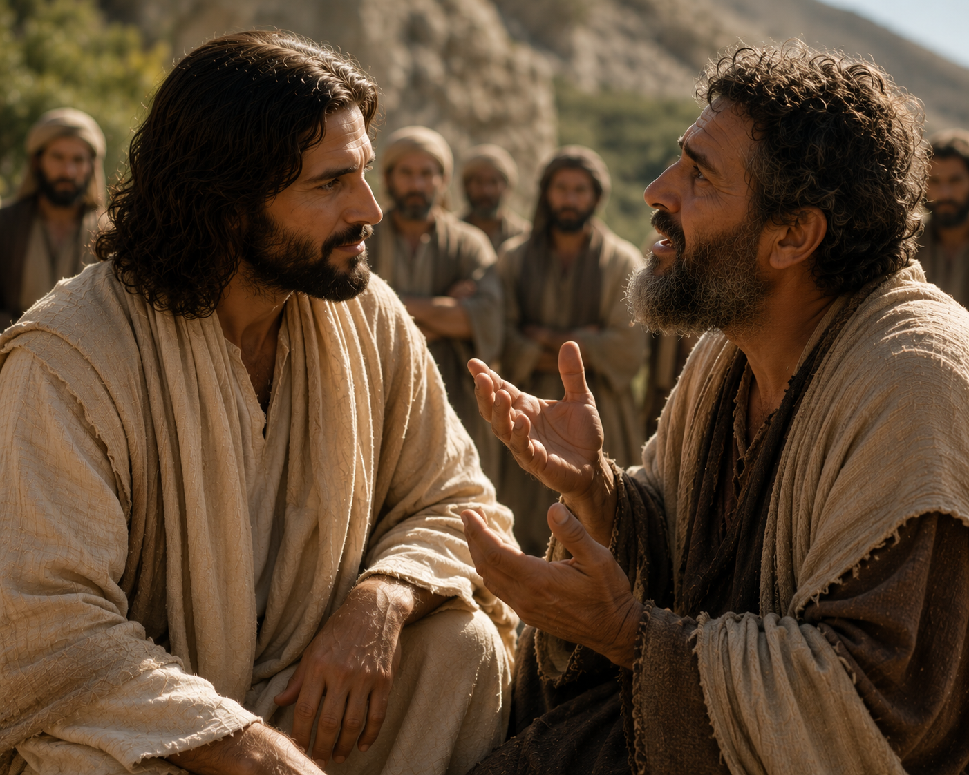 En förtvivlad far vädjar till Jesus om hjälp för sin son medan lärjungar och en folkskara står omkring dem i en biblisk miljö.