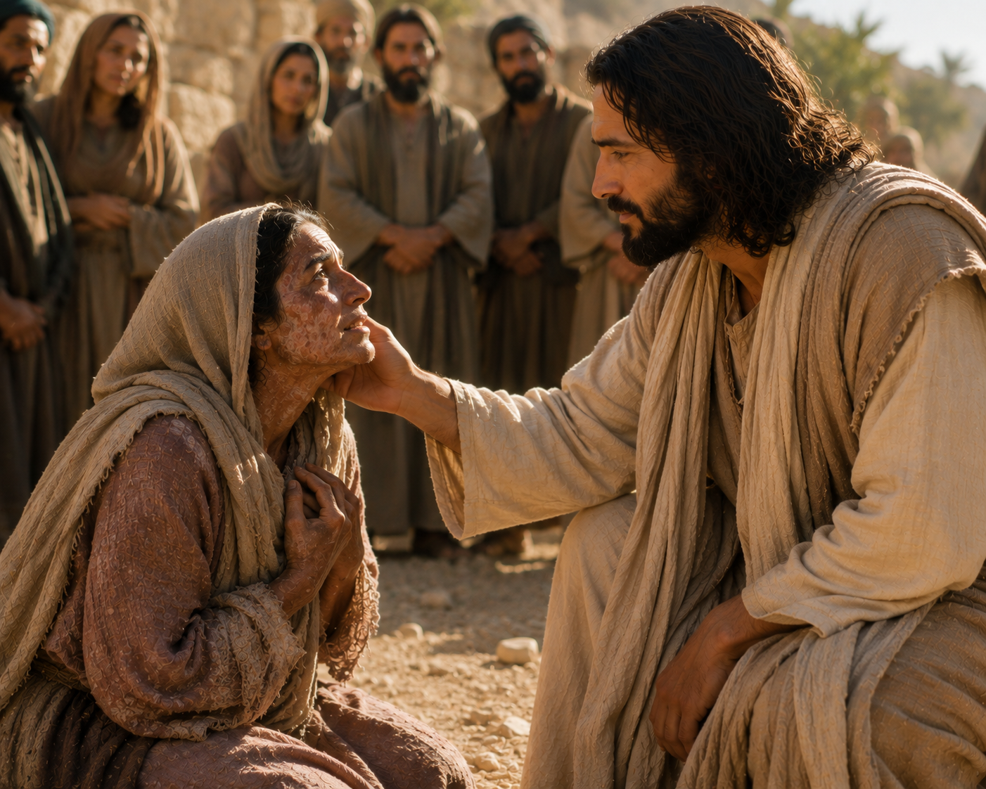 Jesus reaches out and touches an adult man with visible skin disease while people in the background react in a biblical setting.