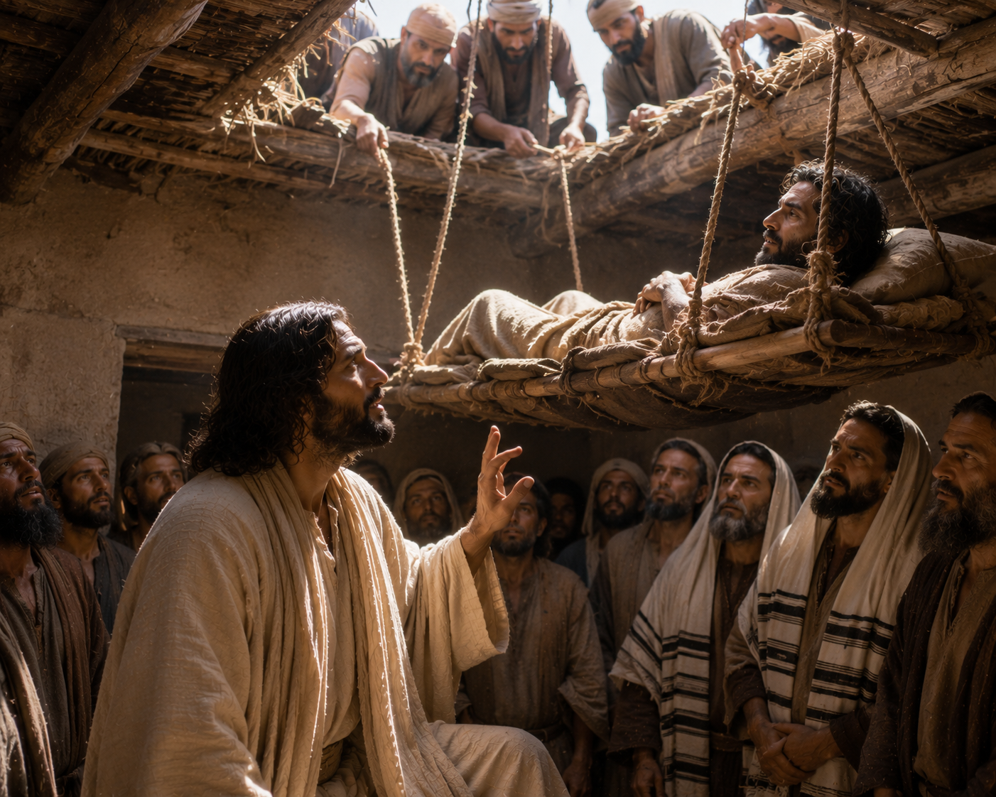 A paralyzed adult man is lowered on a mat through an opened roof before Jesus while friends and a crowded gathering watch inside a biblical-era house.