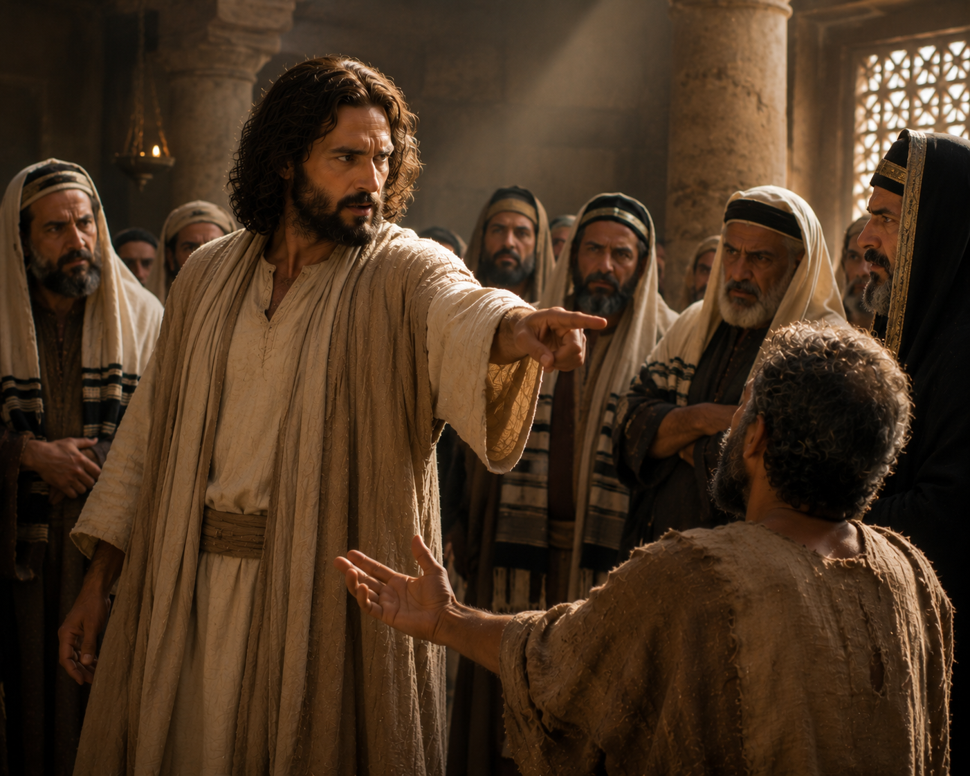 Jesus står i en synagoga framför en vuxen man med en förtvinad hand och ser med vrede och sorg mot religiösa motståndare som tiger.