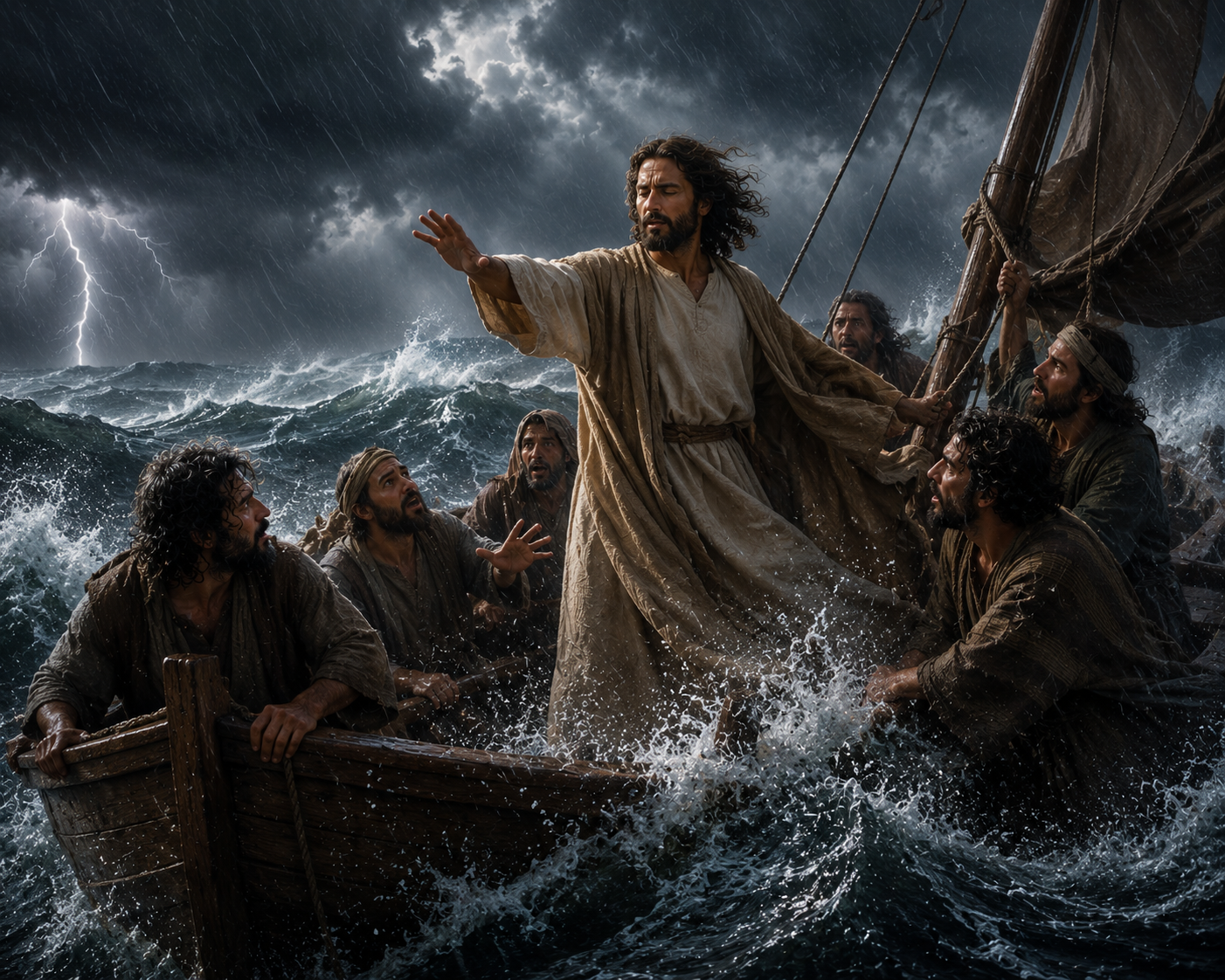 Jesus står i en liten båt på en stormig sjö och tillrättavisar vinden och vågorna medan de vuxna lärjungarna reagerar med rädsla och förundran.