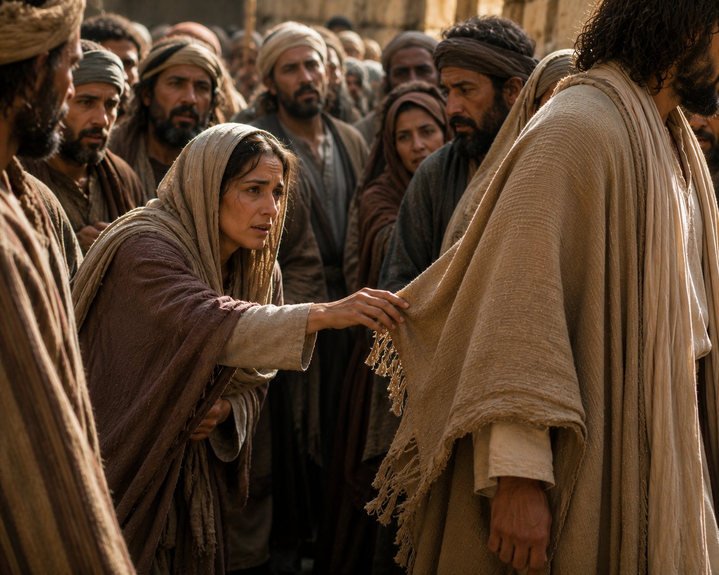 An adult woman reaches through a dense crowd and gently touches the edge of Jesus' garment while Jesus stops and turns around.