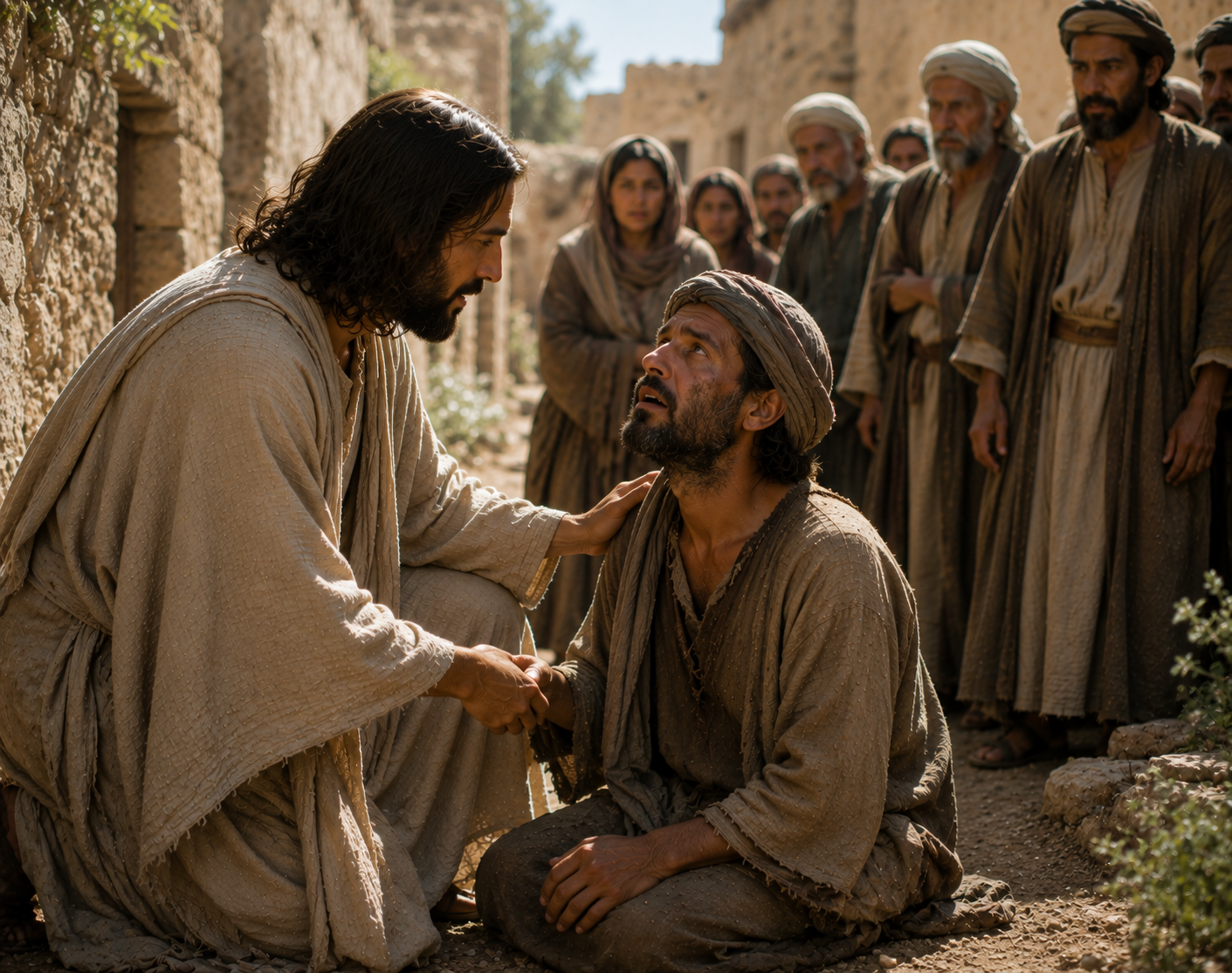 Jesus stands with an adult blind man outside a village and places his hands on the man's eyes as his sight gradually returns.
