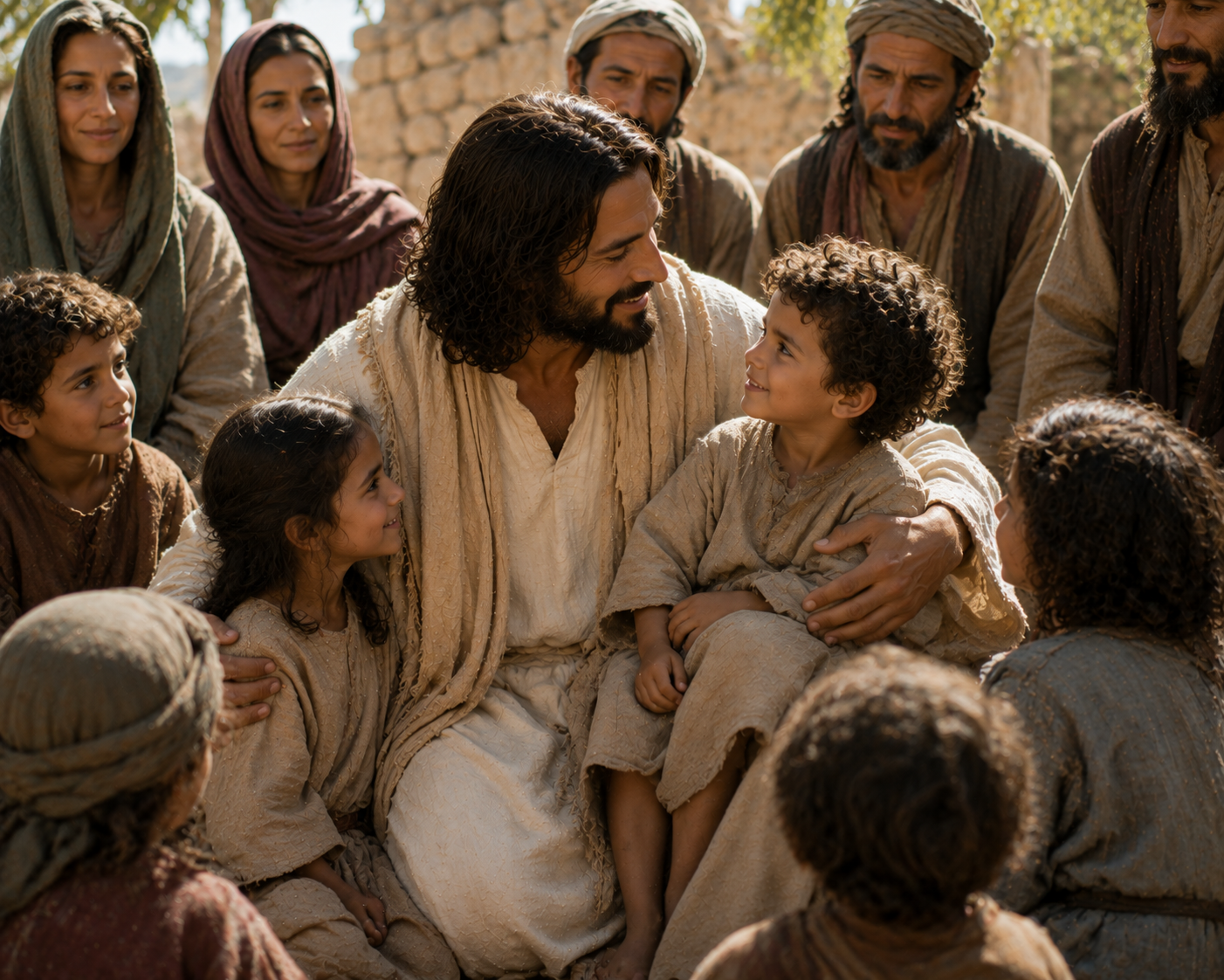 Jesus welcomes and blesses children while adult disciples stand nearby in a biblical setting.