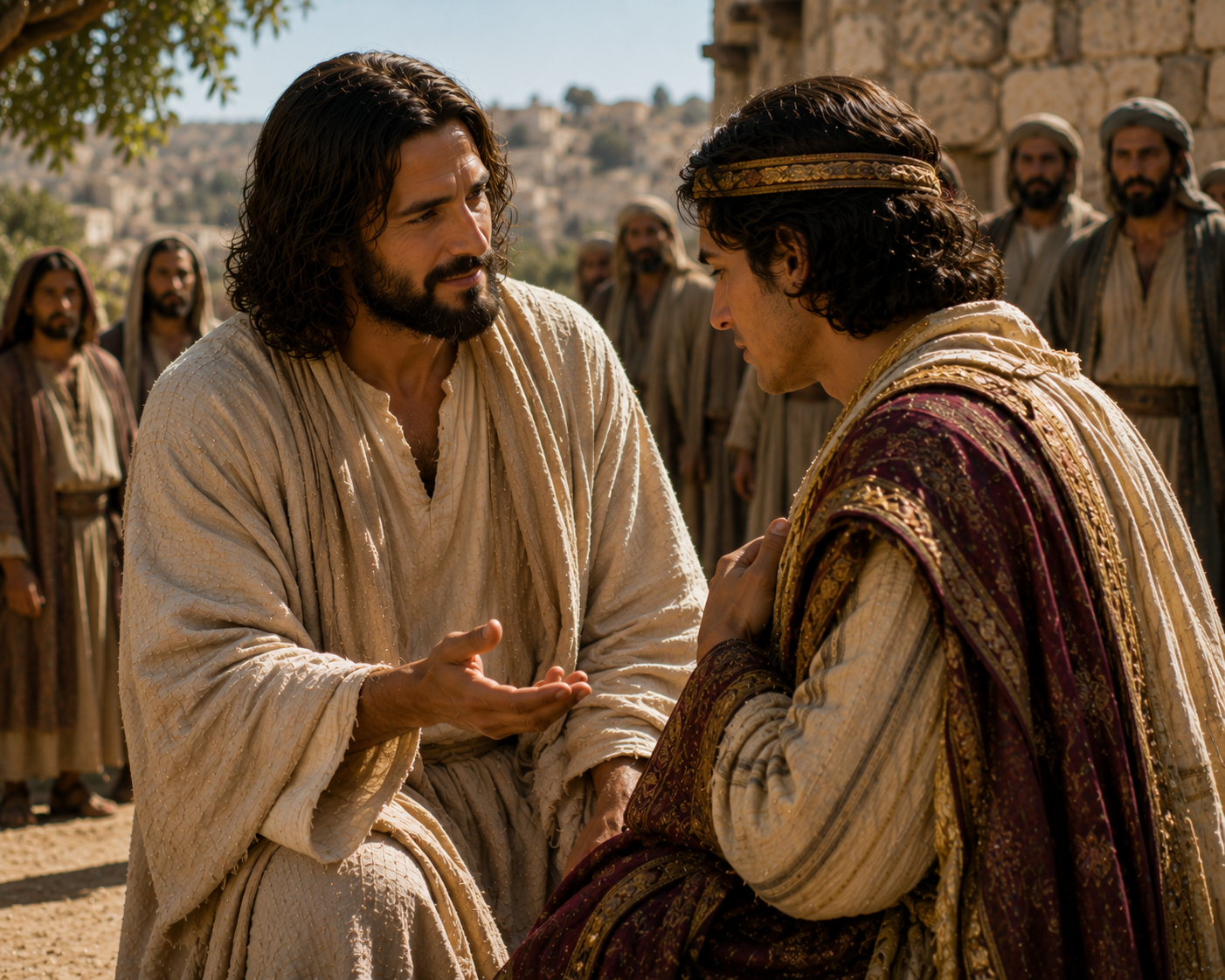 Jesus looks with love at a well-dressed adult man kneeling before him and asking about eternal life in a biblical setting.