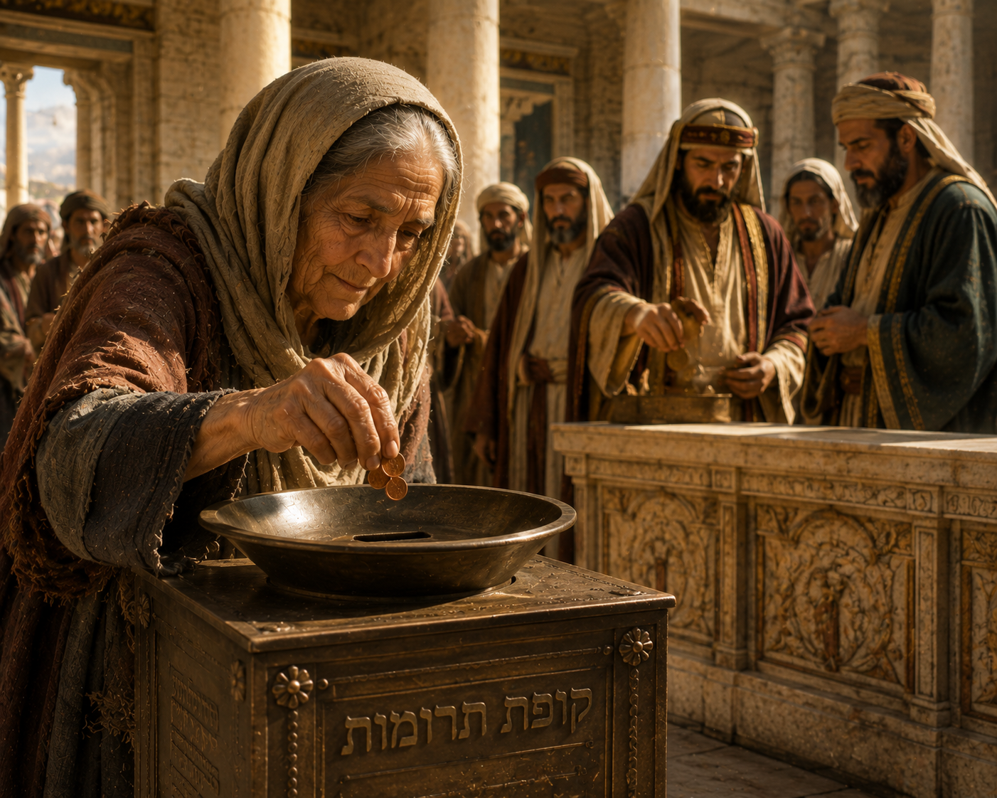 A poor adult widow places two small copper coins into the temple treasury while Jesus and his disciples observe from a distance.