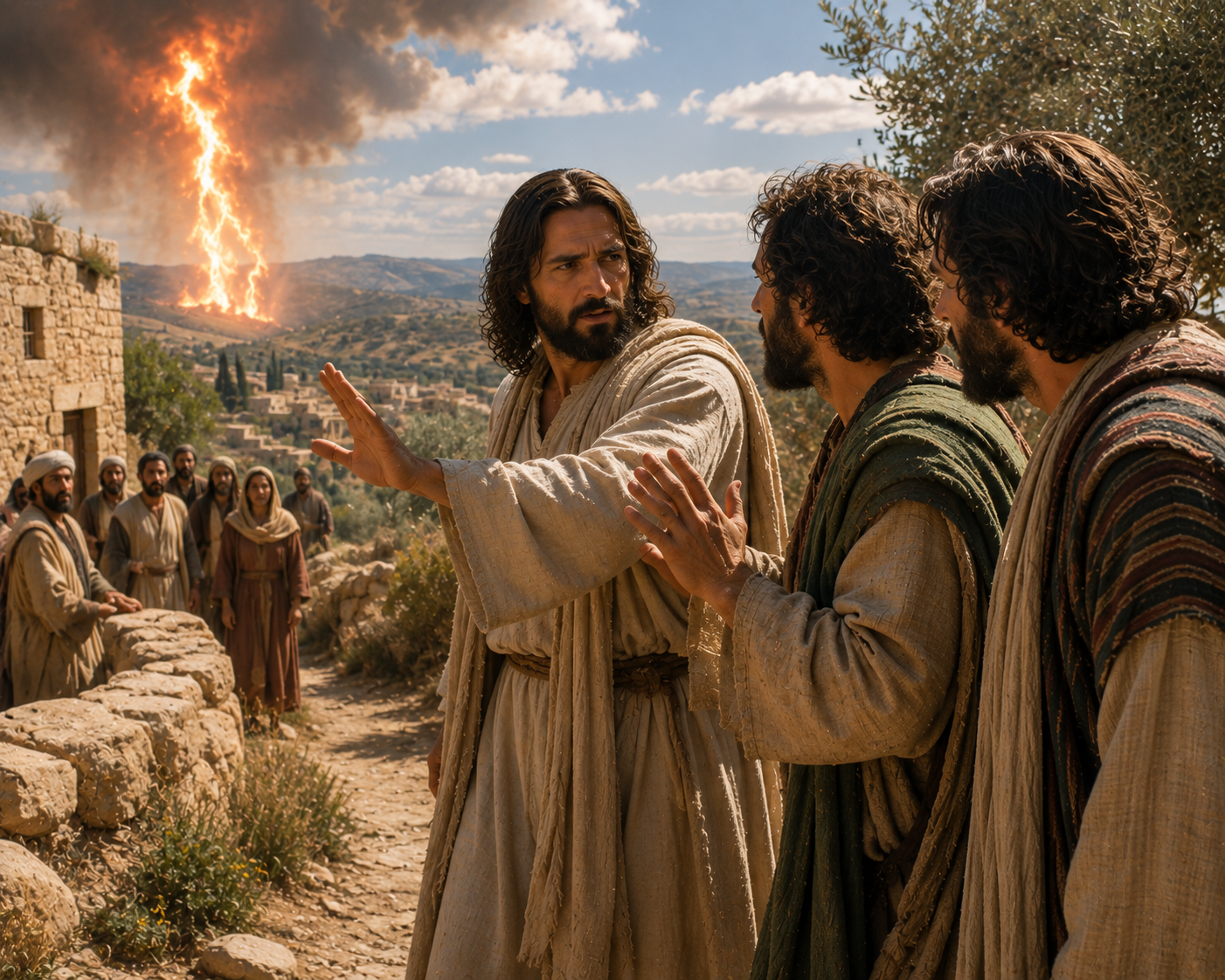 Jesus vänder sig bestämt mot två vuxna lärjungar som vill straffa en samarisk by, medan byn syns i bakgrunden.