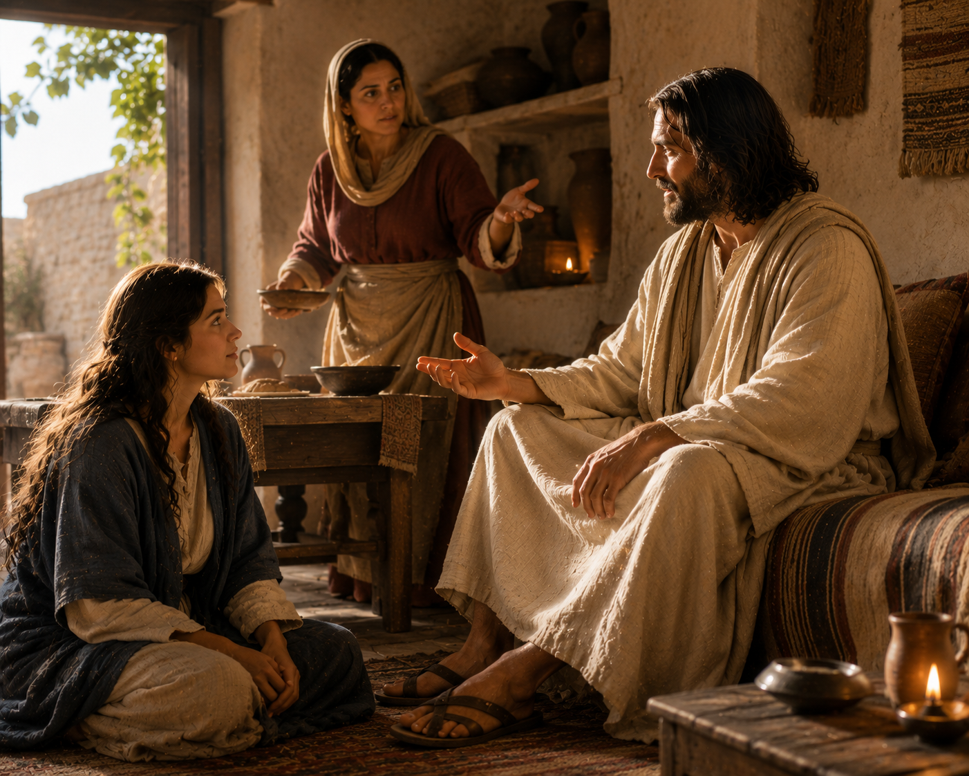 Mary sits at Jesus' feet listening while Martha stands nearby occupied with household service in a biblical-era home.
