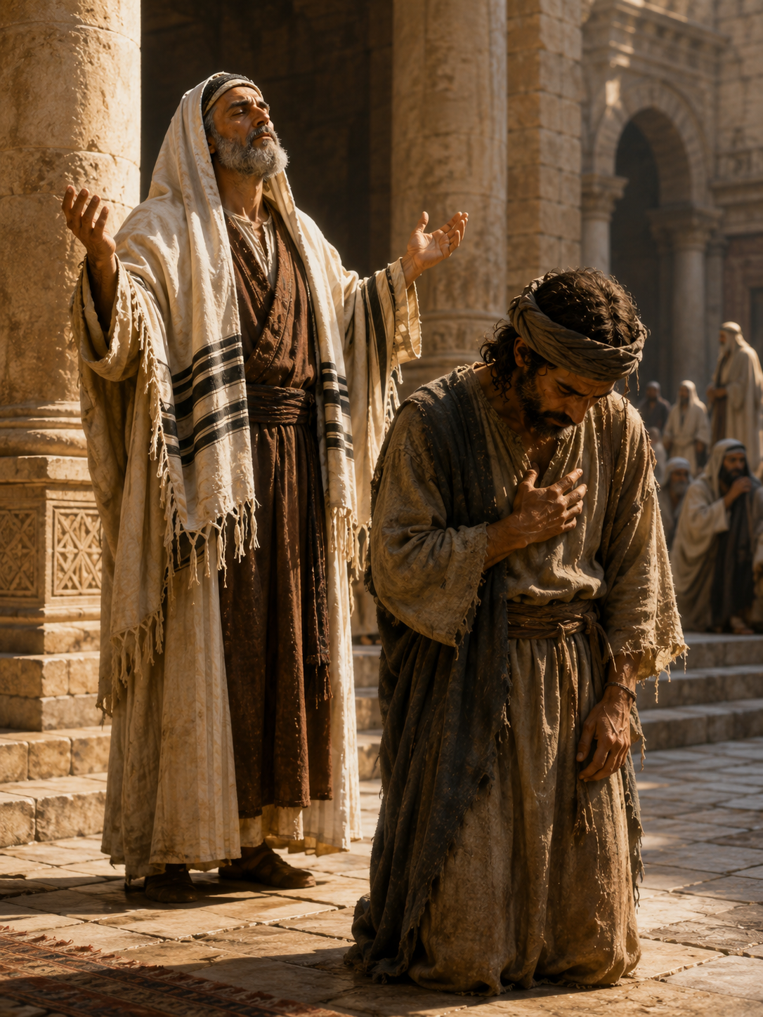 A Pharisee prays confidently in the temple while an adult tax collector stands farther away with lowered eyes and prays humbly.