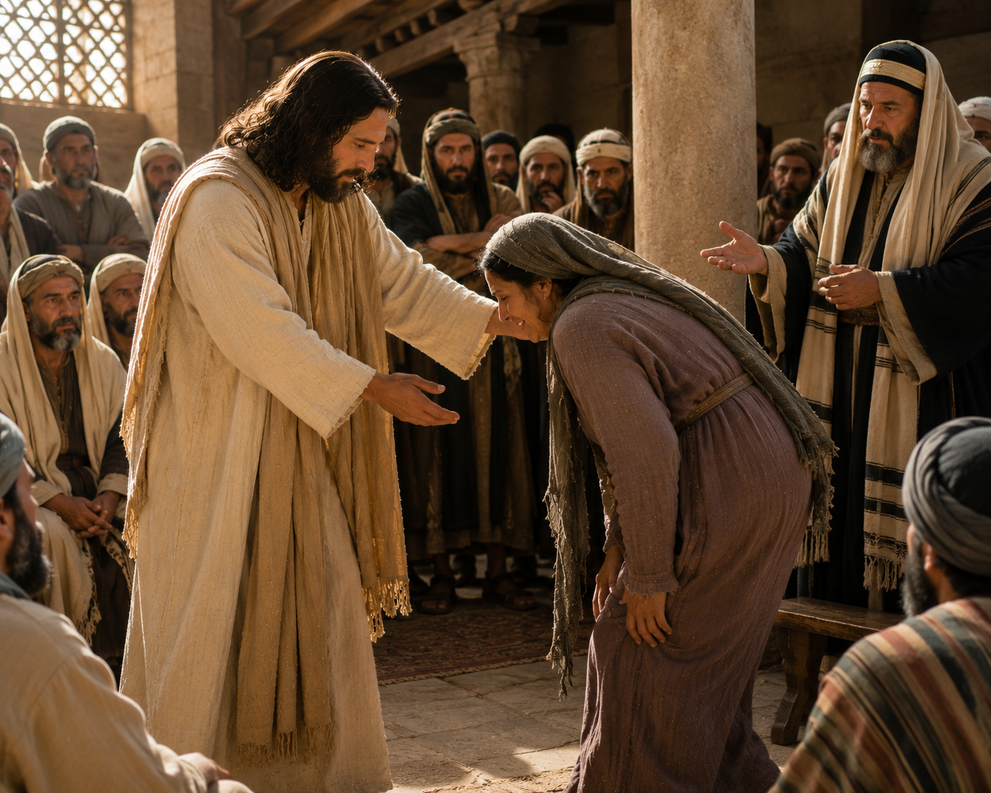 Jesus lägger händerna på en vuxen kvinna som länge varit framåtböjd och nu börjar räta upp sig i en synagoga.