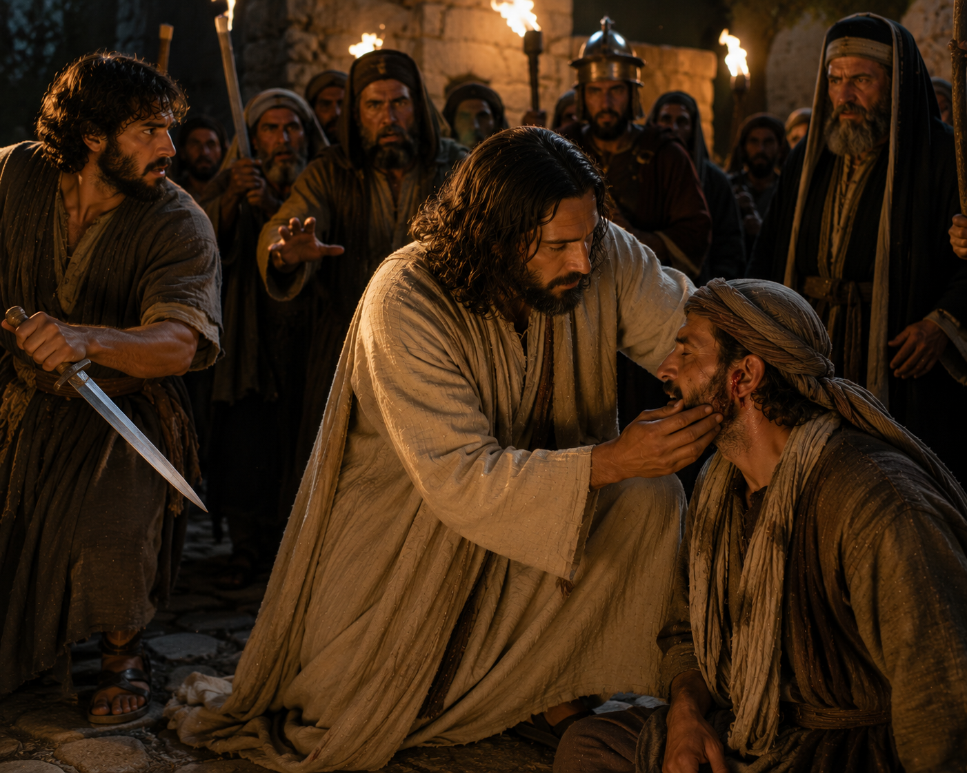 Jesus touches the injured right ear of the high priest's adult servant while disciples and men who came to arrest Jesus stand around them.
