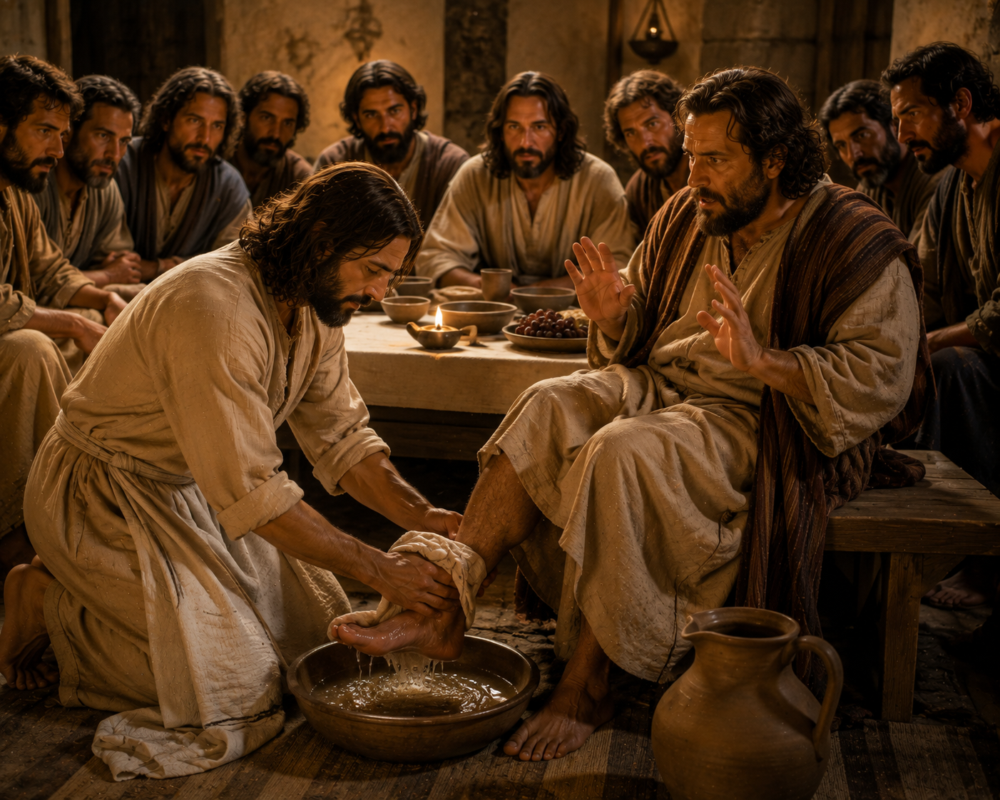 Jesus knäböjer och tvättar en vuxen lärjunges fötter vid ett tvättfat under en måltid medan de andra lärjungarna ser på.