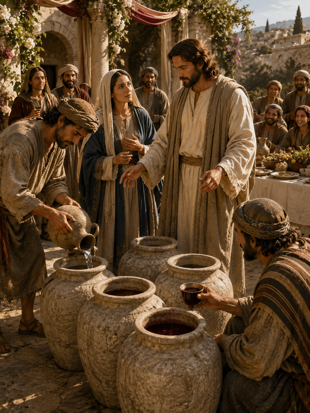 Jesus stands beside six large stone jars at a wedding in Cana while servants draw from them and wedding guests are visible in the background.