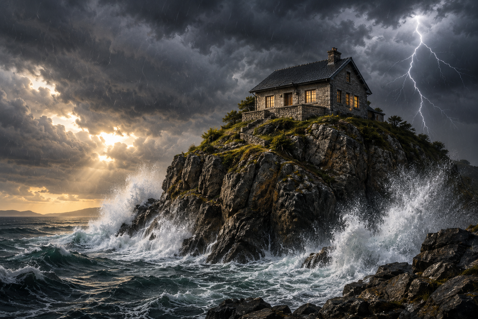 A sturdy stone house stands on a rock during a powerful storm with rain, wind, high waves, and lightning.