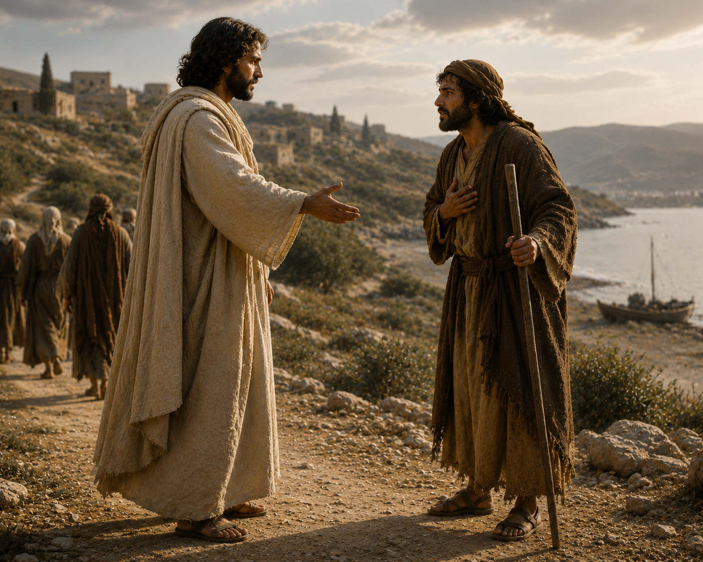 Jesus reaches out toward a man holding a walking staff on a coastal road while other people walk away in the background.