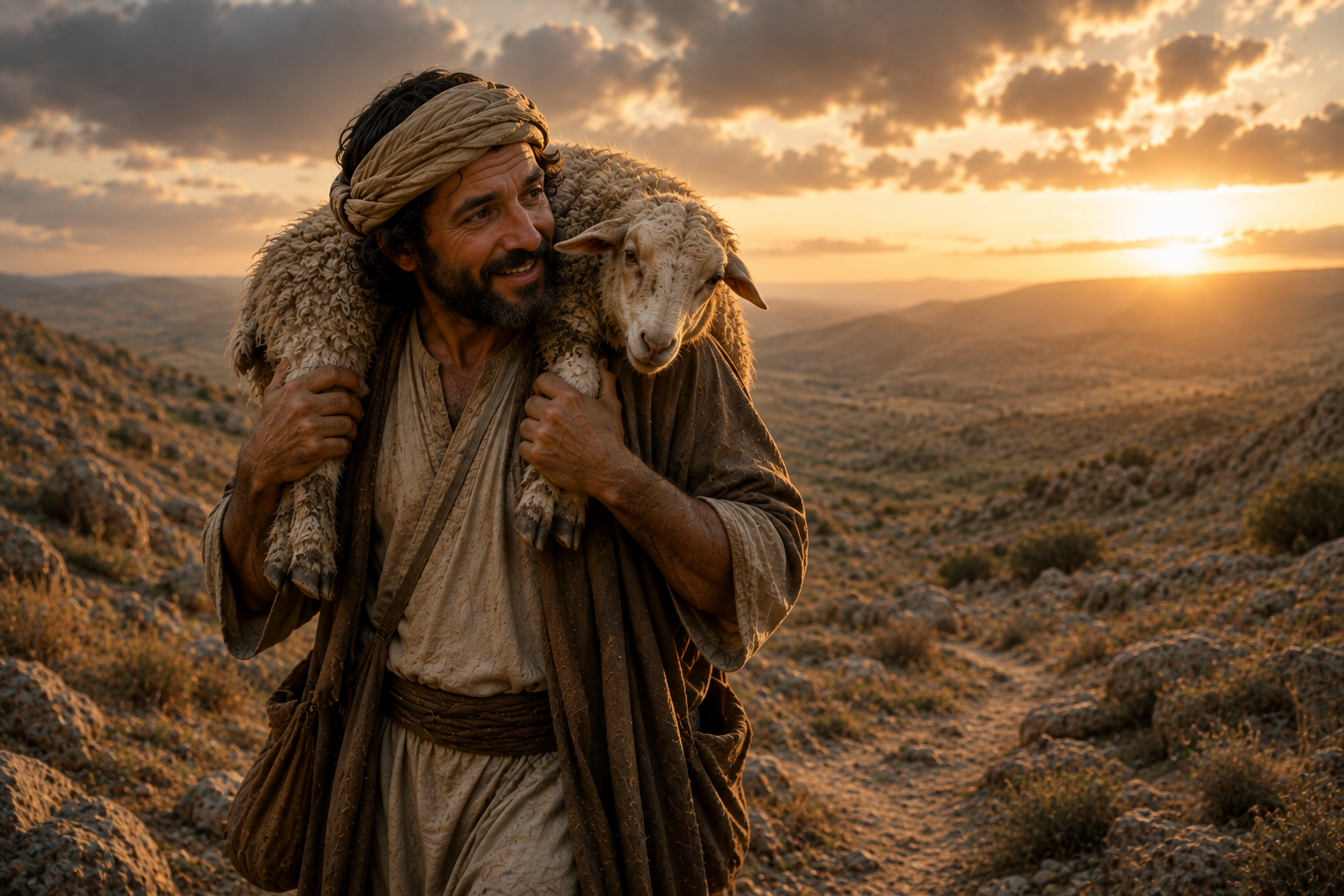 A shepherd in a rugged landscape lifts a sheep and places it across his shoulders.