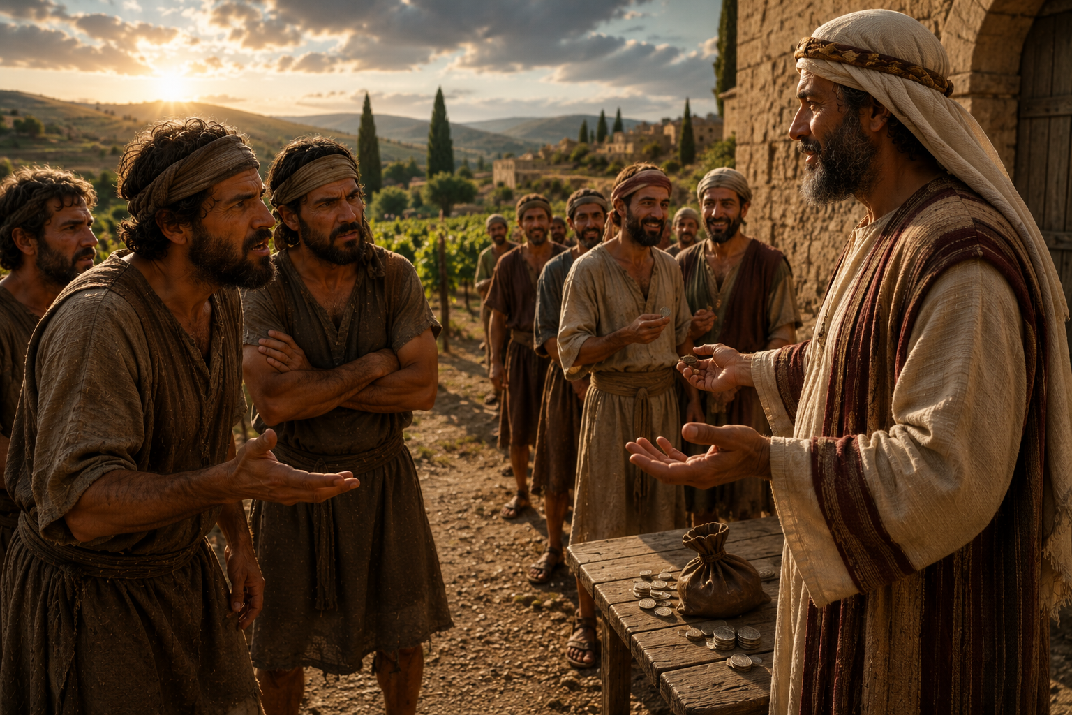 Workers gather in a vineyard at the end of the day while a landowner distributes coins to them.