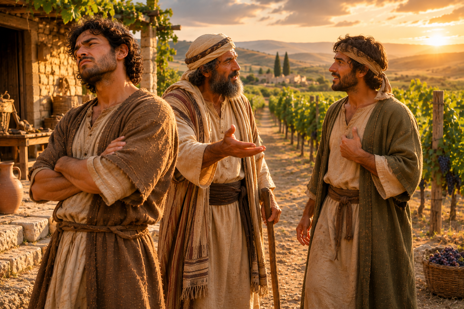 A father stands beside a vineyard speaking with his two adult sons, who react differently to his request to go and work.