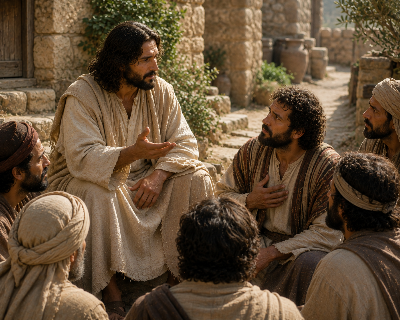 Petrus står framför Jesus och samtalar med honom medan de andra lärjungarna sitter och lyssnar runt dem.