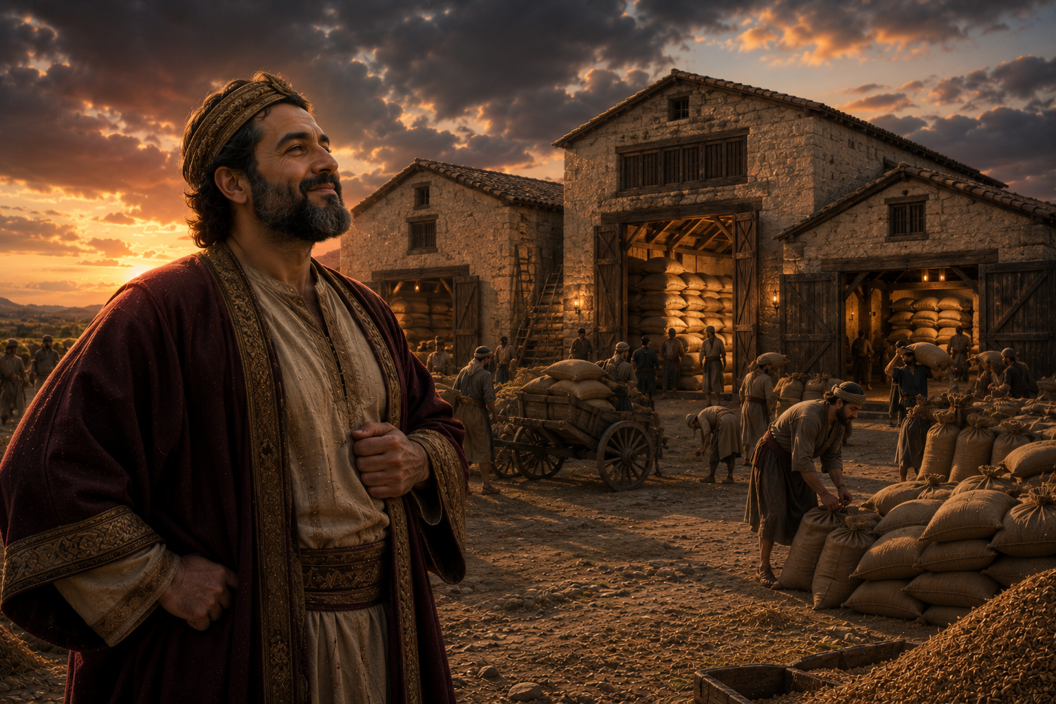 A wealthy man stands before large barns filled with grain while workers carry in the harvest and the evening sky darkens.