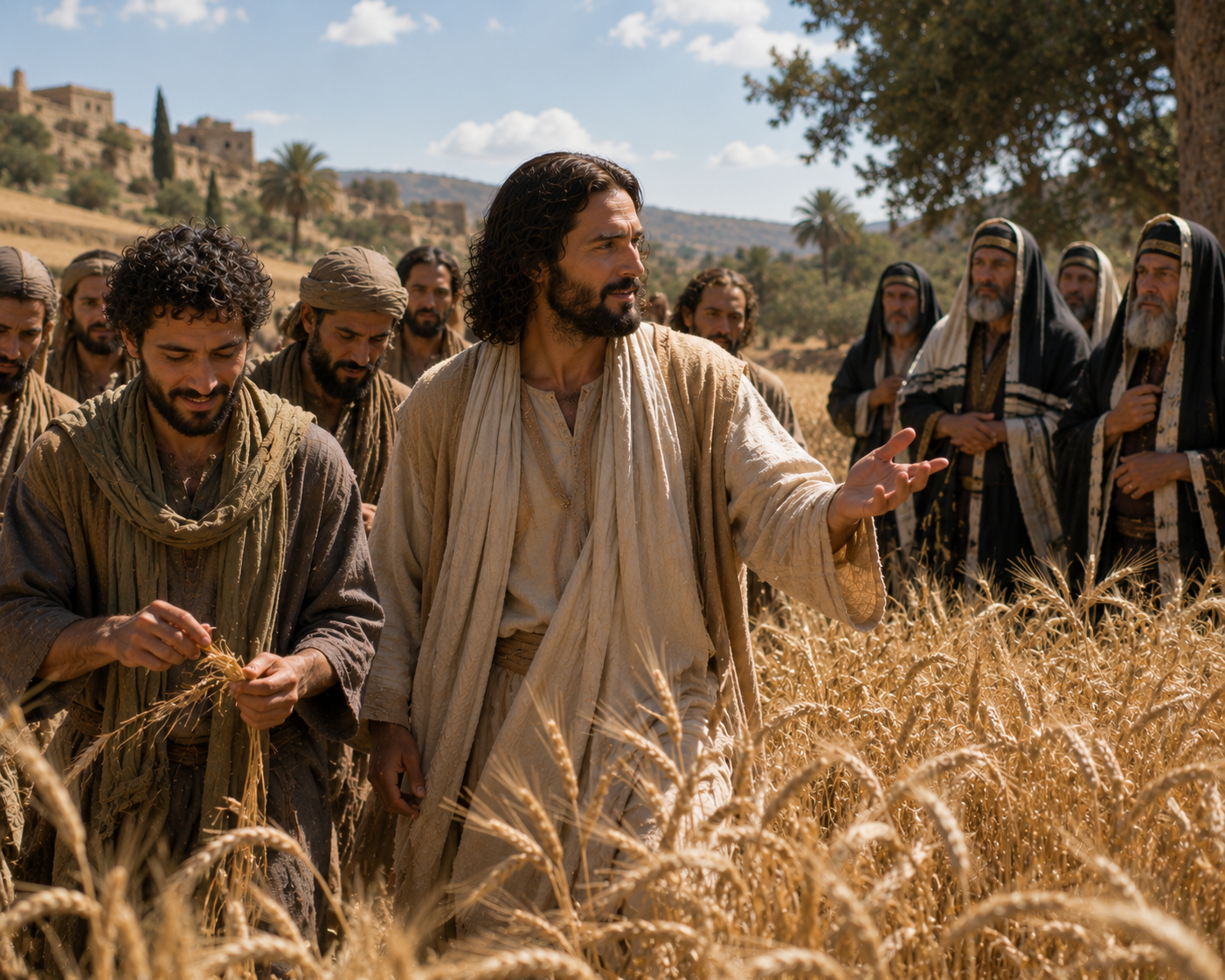 Jesus and his disciples walk through a grainfield on the Sabbath while some disciples pluck heads of grain and religious critics question them.