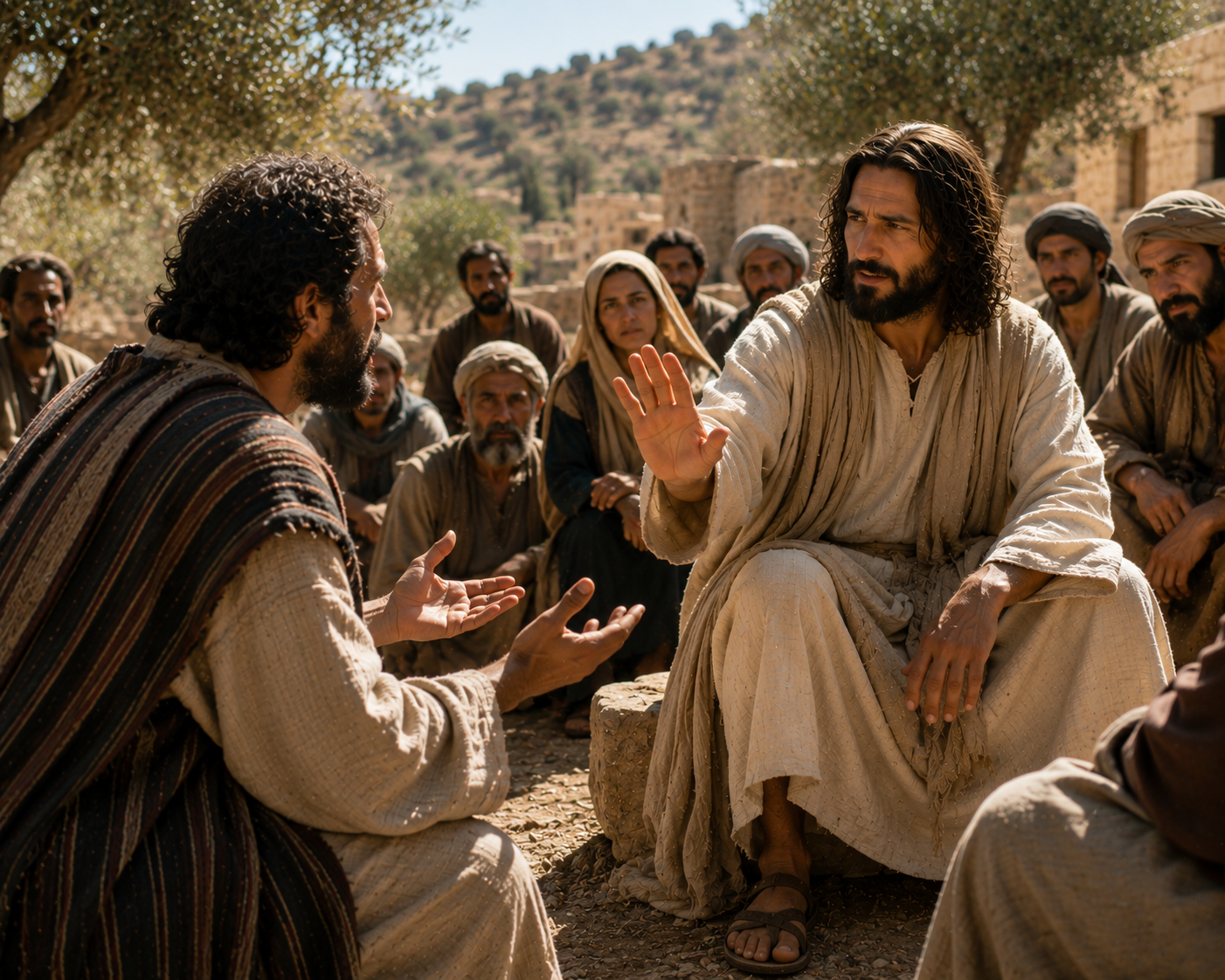 En vuxen man står framför Jesus och gestikulerar medan Jesus svarar och en folkskara står omkring dem.