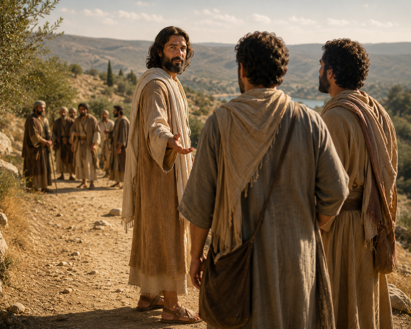 Jesus har vänt sig om på en dammig väg och möter två unga män som har börjat följa efter honom.