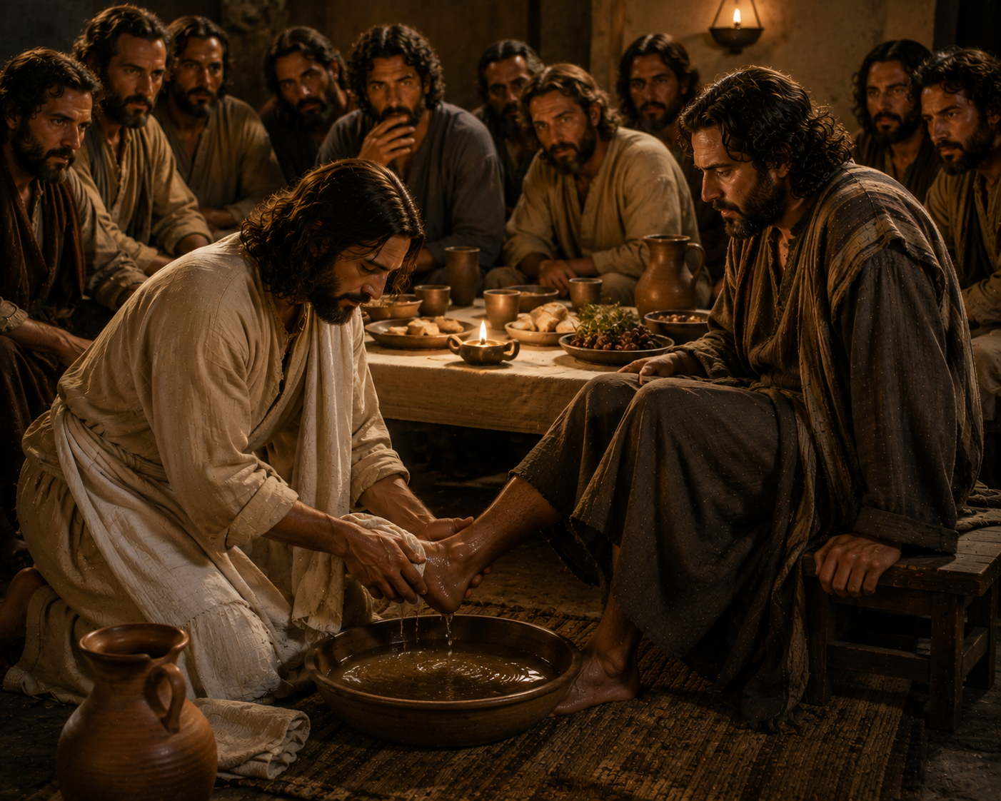 Jesus knäböjer och tvättar en lärjunges fötter under en måltid medan de andra lärjungarna sitter runt bordet.