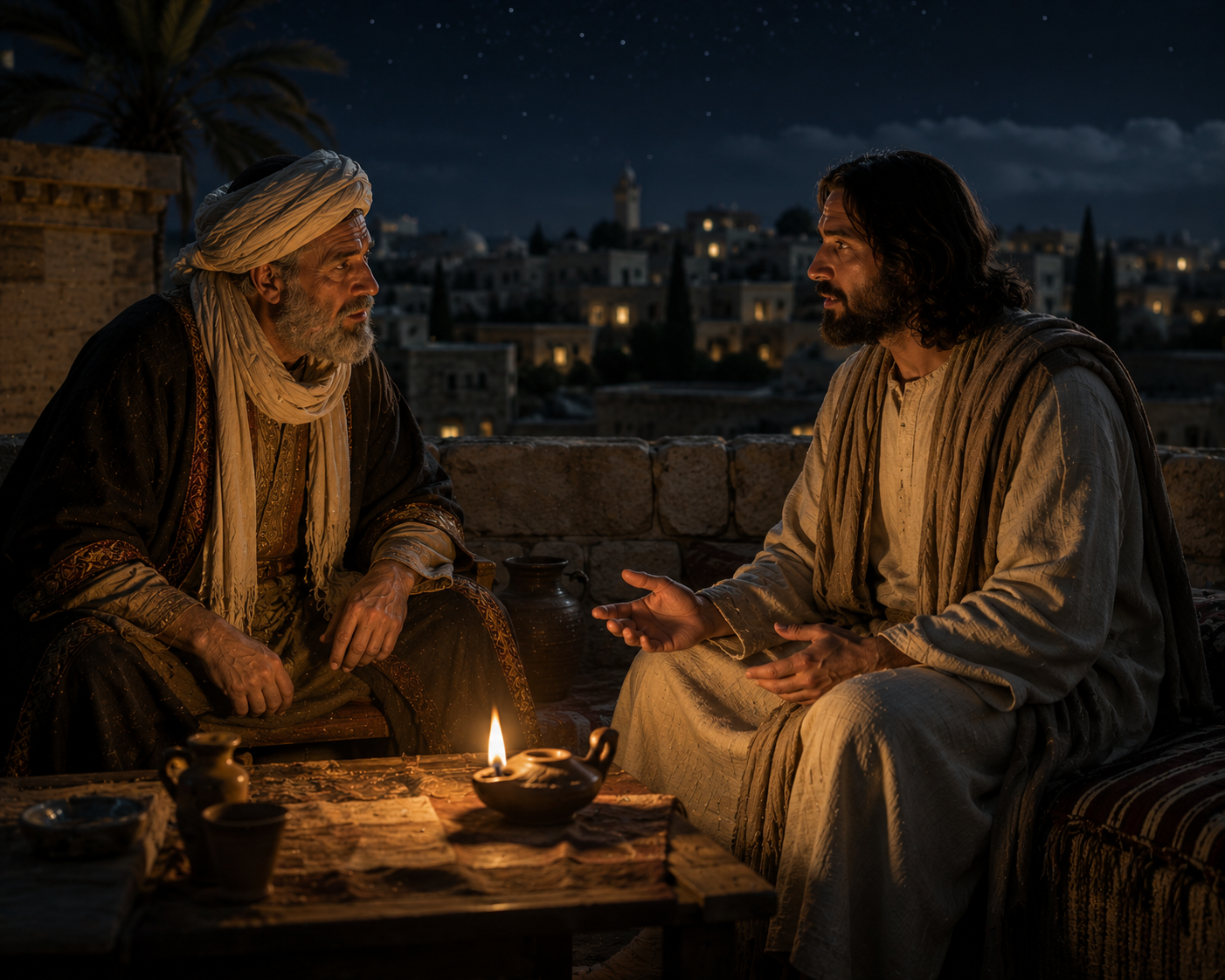Jesus och Nikodemos sitter i ett stilla nattligt samtal med en oljelampa mellan sig medan en lätt vind rör tyget i bakgrunden.