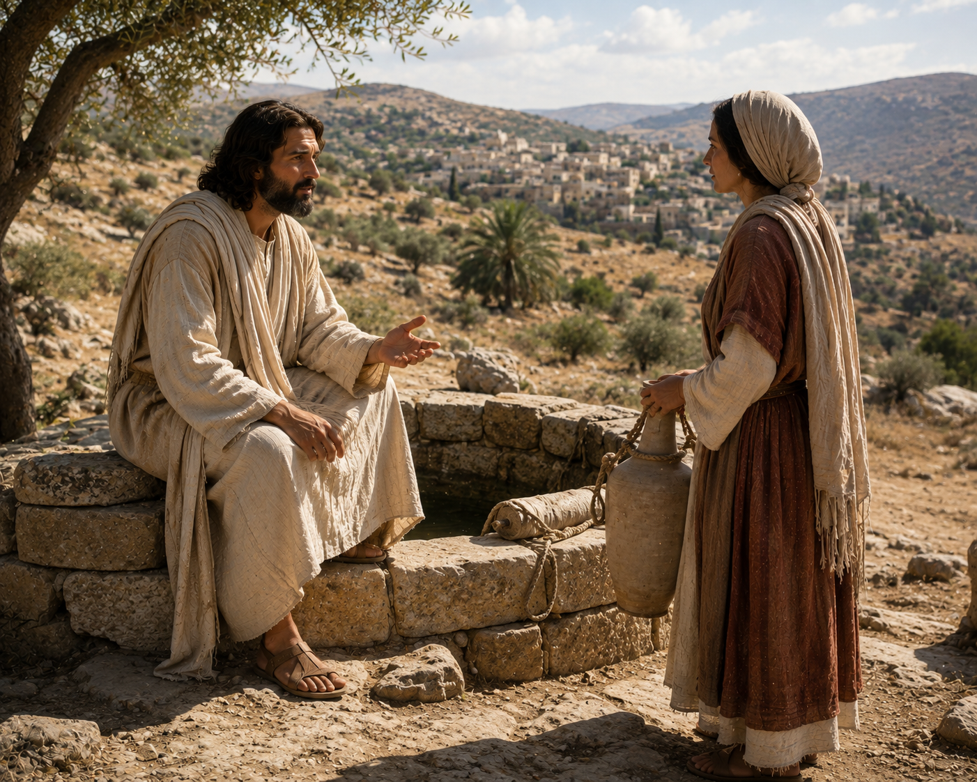 Jesus sits beside a stone well speaking with a woman holding a water jar, with a village among the hills in the background.
