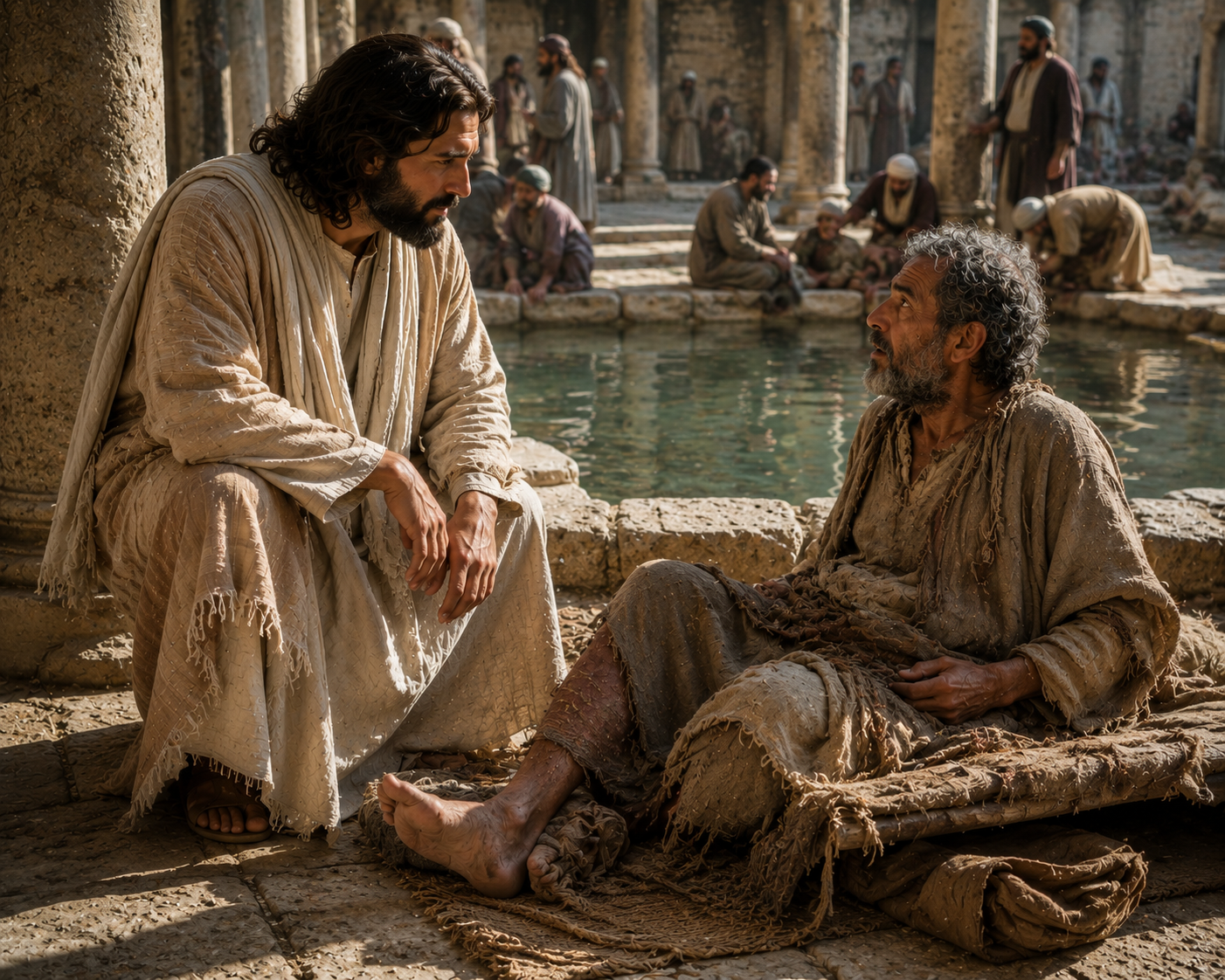 Jesus crouches and speaks with a man on a worn mat beside a pool where several other people are gathered.
