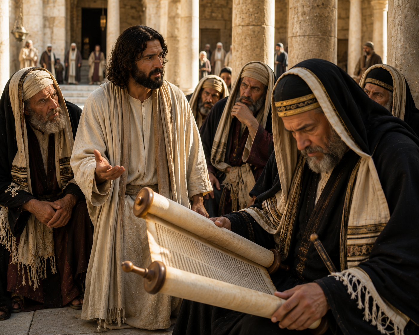 Jesus speaks with learned men in a colonnade while one of them remains deeply focused on an open scroll before him.