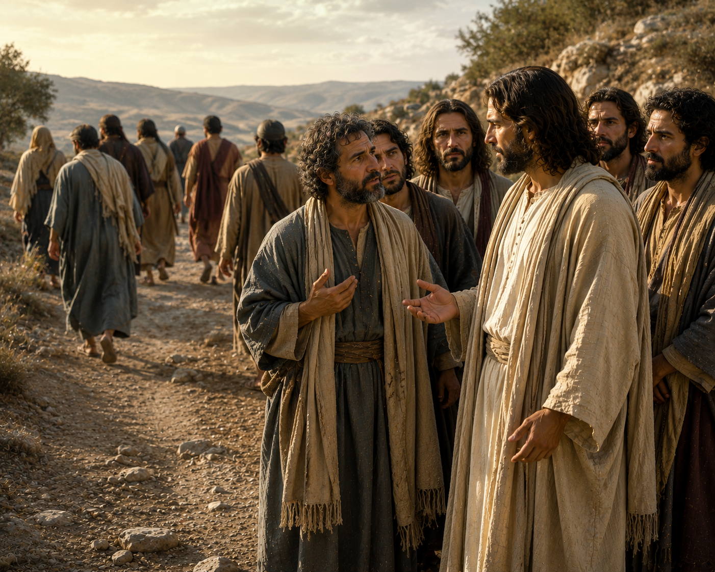Jesus speaks with Peter and several remaining disciples on a rocky road while other people walk away in the background.