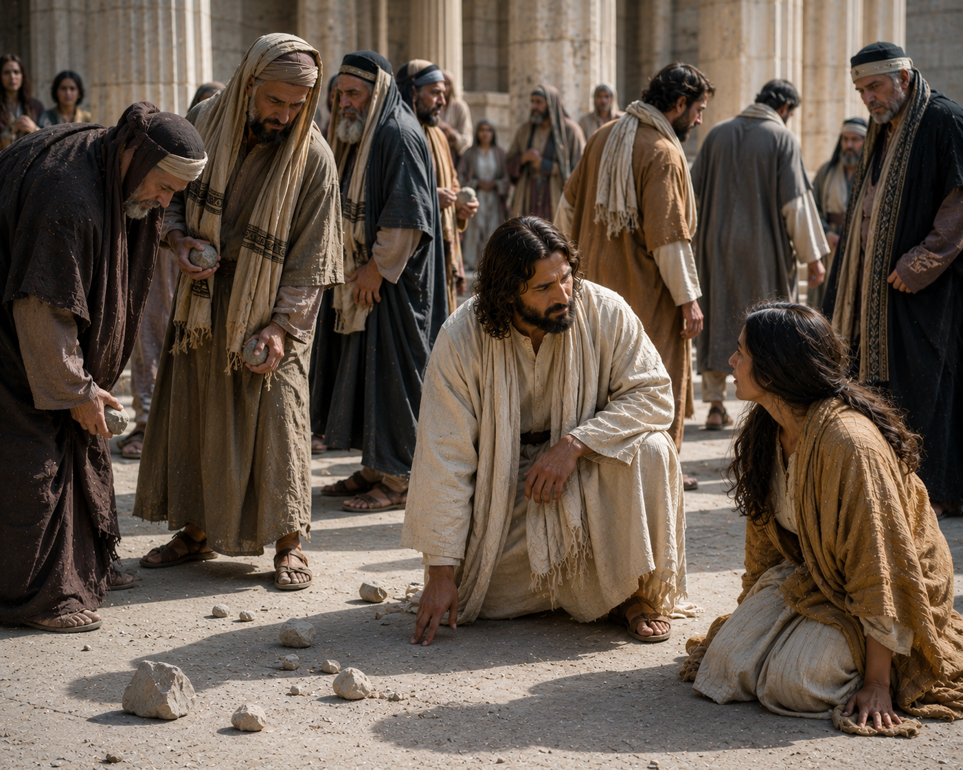 Jesus sitter på huk och skriver på marken bredvid en kvinna medan män med stenar i händerna står runt dem på tempelgården.